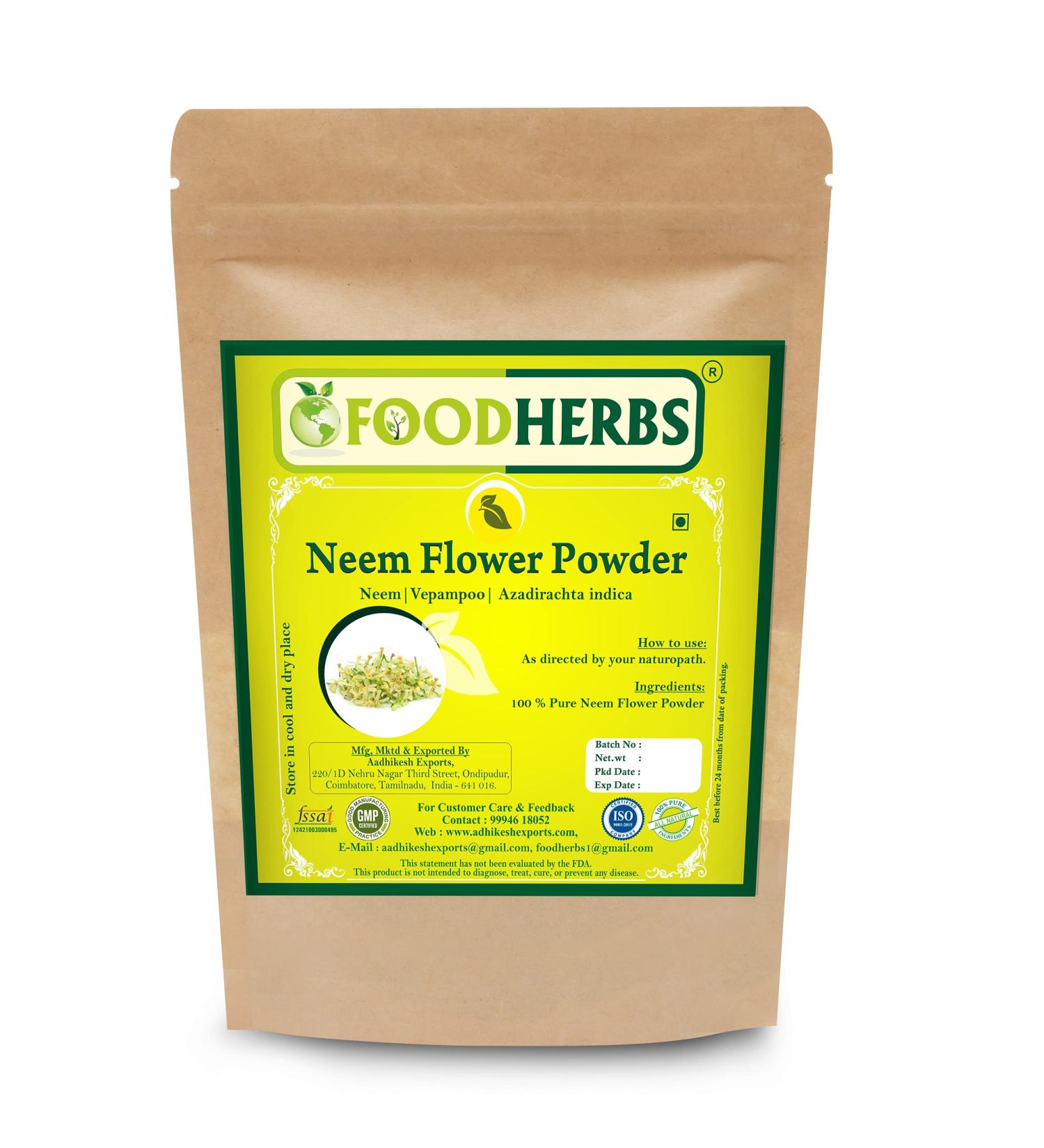 Foodherbs Neem Flower Powder | 200 GMS / 0.44 Lbs | Veppam Poo | Gut Support | Skin Care