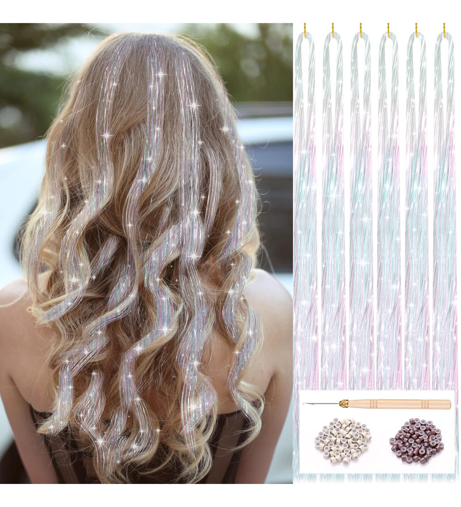 Hautoco 1200 Strands Hair Tinsel Kit 47 Inch - White-Pink Fairy Tinsel Extensions for Cosplay & Parties - Buy Online on GoSupps.com