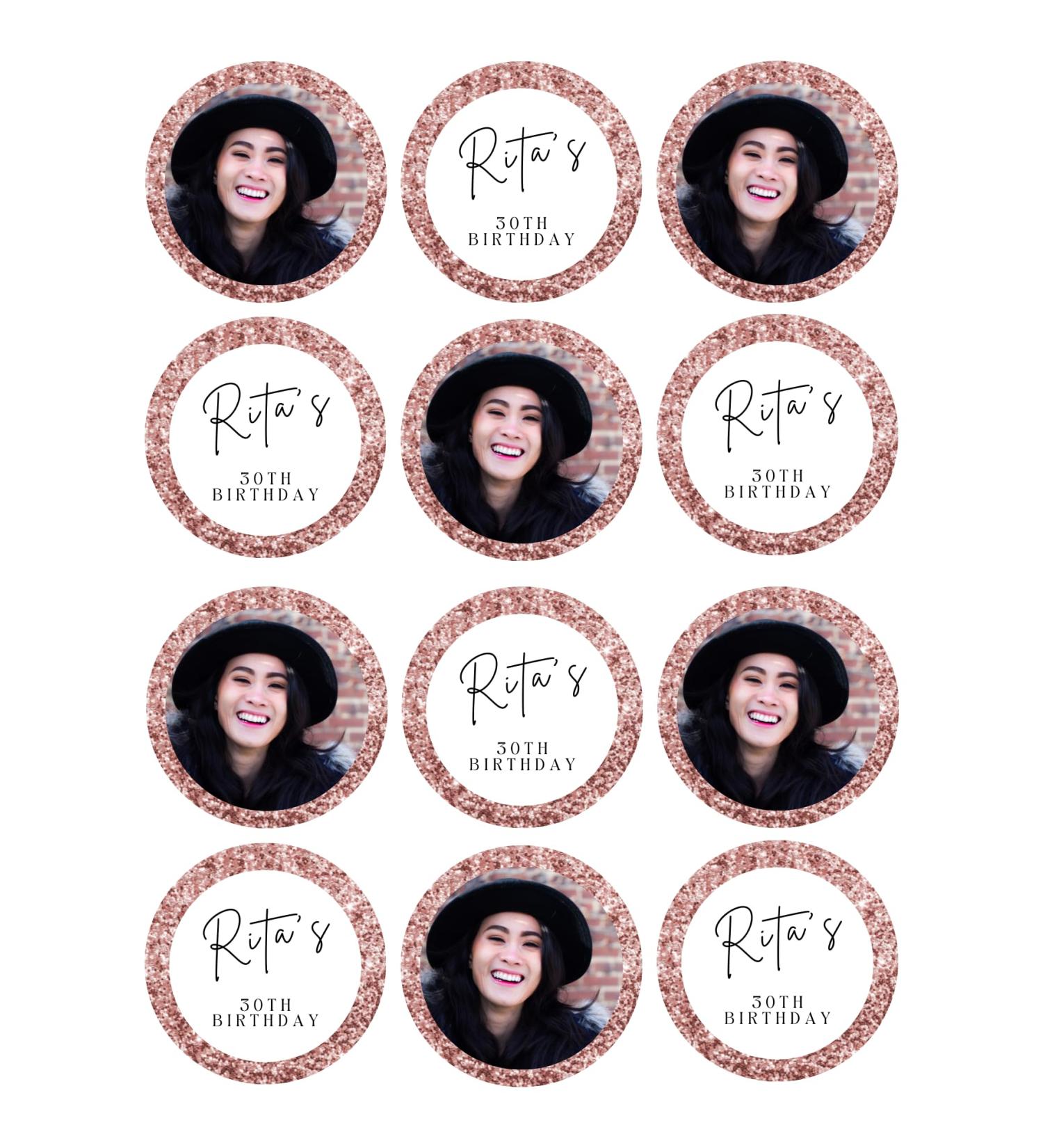 12 x 6cm personalised Rose Gold edible Your Photo/wording cocktail drink toppers uncut ! Birthday/Hen/Anniversary Etc