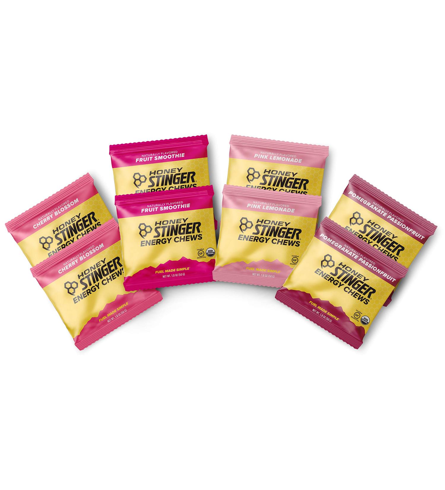 Honey Stinger Organic Energy Chews Variety Pack - 8 Count with Sticker | Chewy Gummy Energy Source for Any Activity - Pink Lemonade, Fruit Smoothie, Pomegranate Passionfruit & Cherry Blossom - Buy Online on GoSupps.com