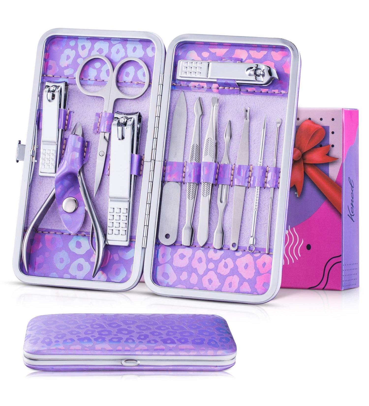 Professional Travel Nail Clipper Kit - 12 Pieces Manicure Set with Cuticle Nipper, Pedicure Tools in Luxurious Travel Case - Purple - Buy Online on GoSupps.com