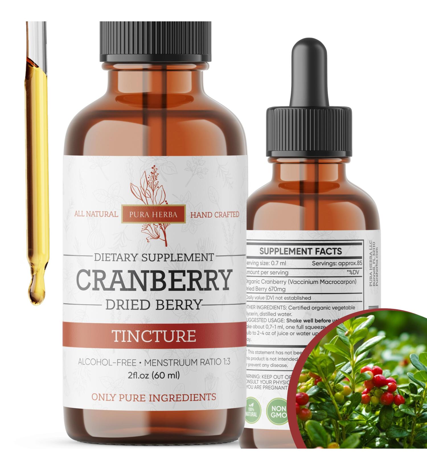 Pura Herba Cranberry Tincture - Organic Cranberry Extract Liquid Alcohol - Free Herbal Supplement - Made in USA - Buy Online on GoSupps.com
