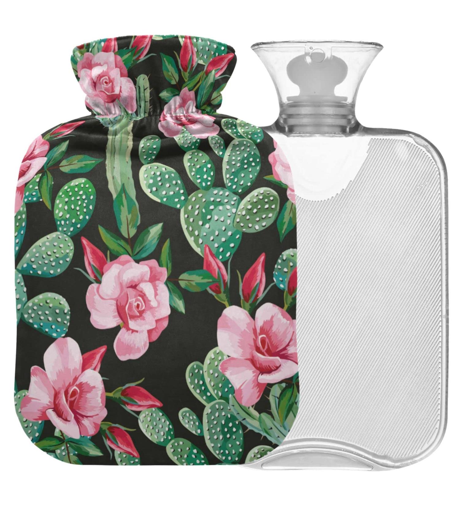 NAANLE Hot Water Bottle with Cover - 1L Transparent Rose Cactus for Menstrual Cramps & Pain Relief | Heat & Cold Therapy - Buy Online on GoSupps.com