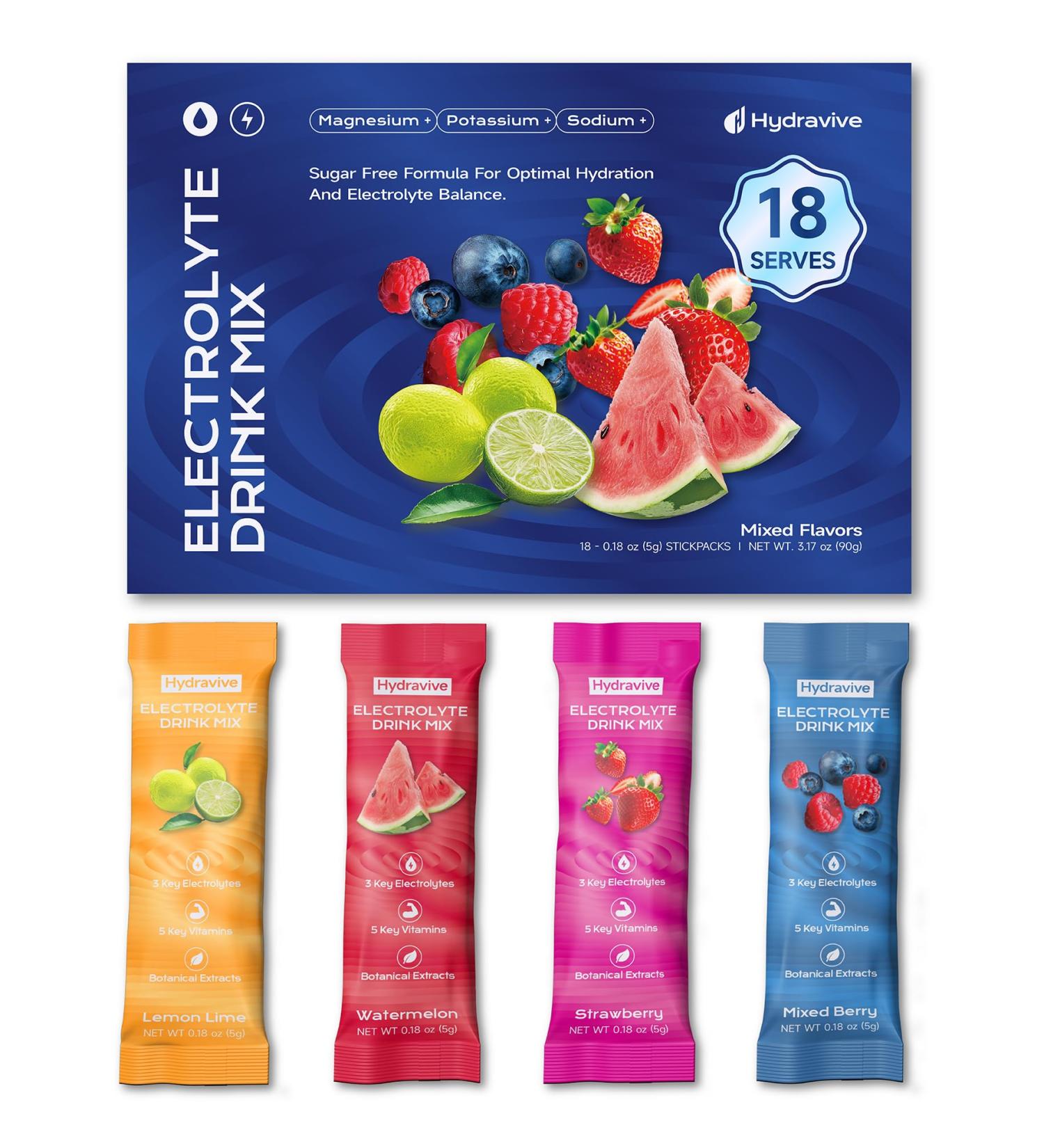 Hydravive Electrolyte Powder 18 Packs Sugar Free Liquid Daily IV Drink Mix | 1,000mg Total of 5 Electrolytes, 5 Vitamins | Ashwagandha, L-Theanine, Lion s Mane | Non-GMO for Rapid Hydration - Buy Online on GoSupps.com