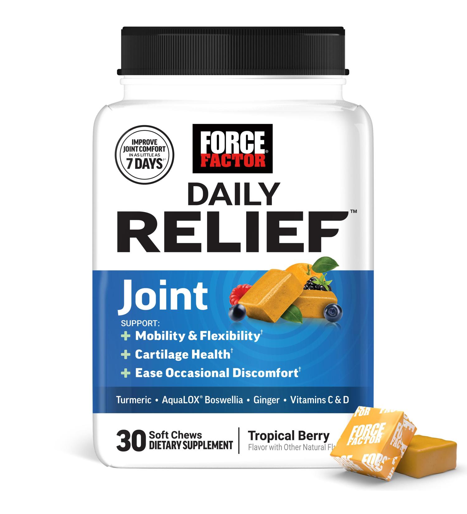 Force Factor Daily Relief Joint Support, Drug-Free Joint Formula with Boswellia, Turmeric, Ginger, Vitamin C and D for Mobility, Flexibility, and Cartilage Health, Tropical Berry, 30 Soft Chews - Buy Online on GoSupps.com