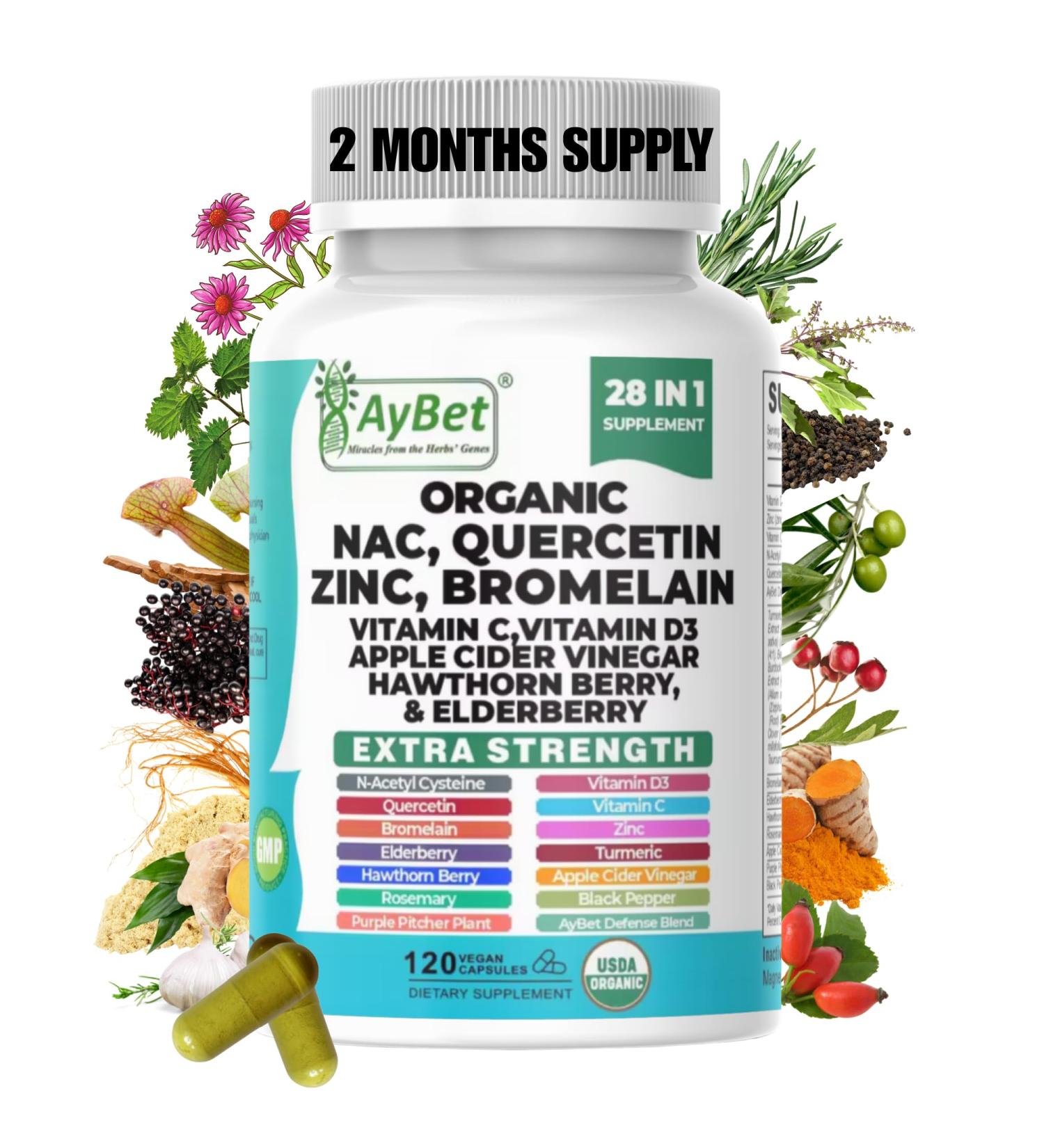 NAC-n-acetyl cysteine- Quercetin Zinc Bromelain Supplement | Extra Strength with Vit C D3 Apple Cider Vinegar Elderberry Hawthorn Berry Turmeric | Immune Support|120 Vegan Capsules | USDA Organic - Buy Online on GoSupps.com