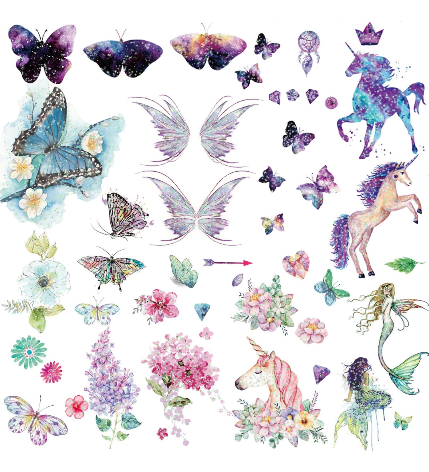 10 Sheets Glitter Butterfly Flower Temporary Tattoos for Women Girls Kids - Unicorn Fake Colorful Butterflies Wings Tattoo Stickers - Waterproof Face Arm Makeup - Birthday Party Favors - Buy Online on GoSupps.com