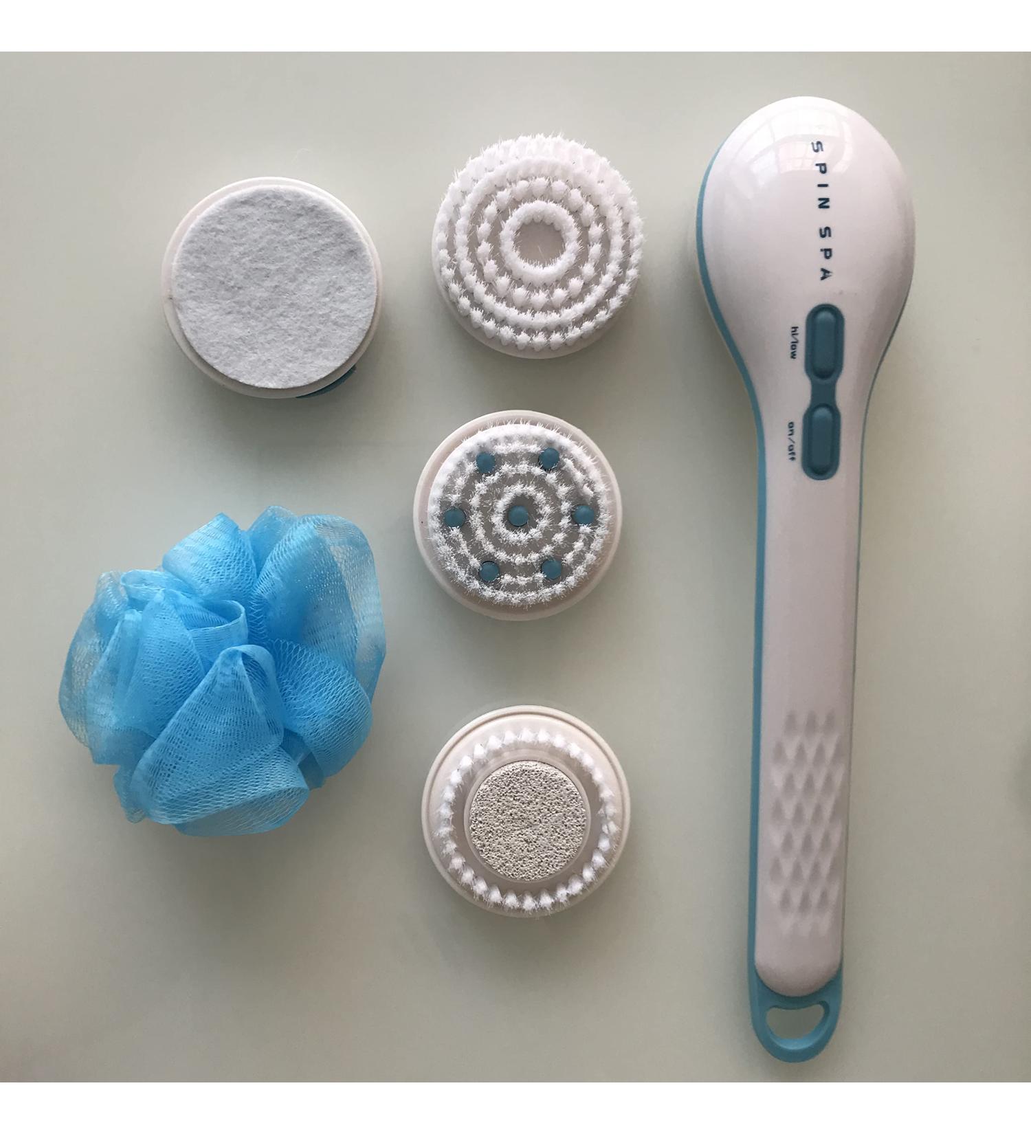 UDSMFU Electric Shower Brush Set Deep Cleaning Bath Wash with Long Handle 5 in 1 Spin SPA Back Scrubber Set for Helps Promote Healthier Younger Looking Skin Soothes Tired Muscles  White