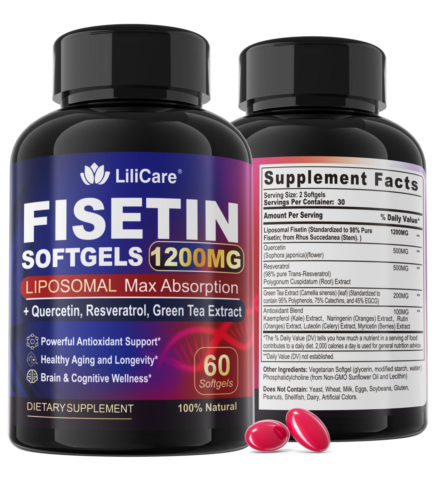 LILICARE Fisetin Supplement - Liposomal Super Absorption 98% Pure 1200mg with Quercetin, Resveratrol, Green Tea Extract for Healthy Aging & Longevity, Skin Health, Brain & Antioxidant - 60 Softgels - Buy Online on GoSupps.com