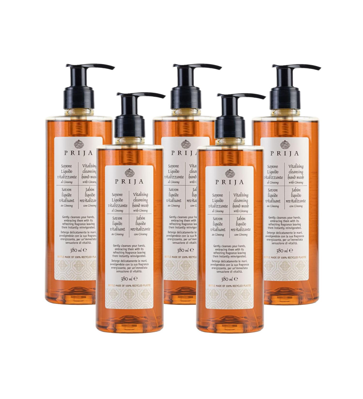 Prija Vitalising Hand Wash with Ginseng Extract Gently Cleanses Hands Moisturising Liquid Hand Soap Vegan Friendly with Energising Fragrance 5 x 12.85 Fl. Oz