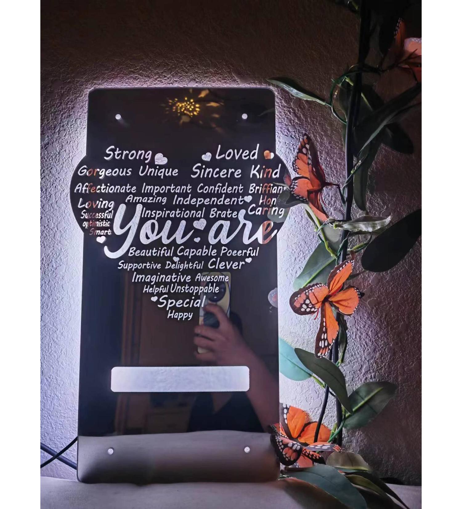 Custom I AM LED Light Up Name Mirror - Personalized Affirmations, 3 Lighting Modes, Remote Control - Bedroom Wall Decor (Heart-Shaped) - Buy Online on GoSupps.com