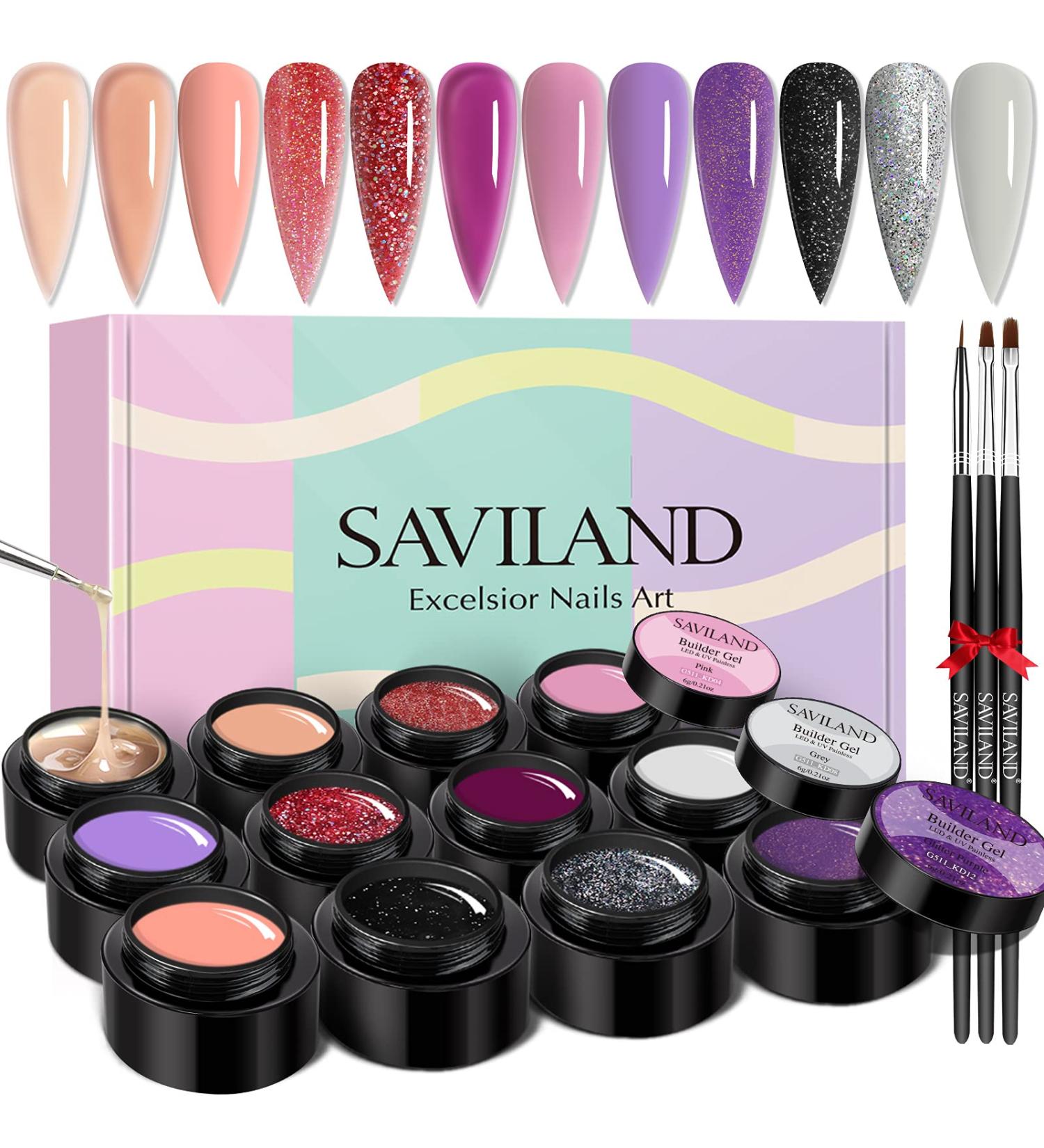 Saviland Builder Nail Gel Kit - 12 Colors Extension Glitter Hard Gel Set for Nail Strengthening and Art - Includes 3 Nail Brushes and Forms - A-Glitter Series - Buy Online on GoSupps.com