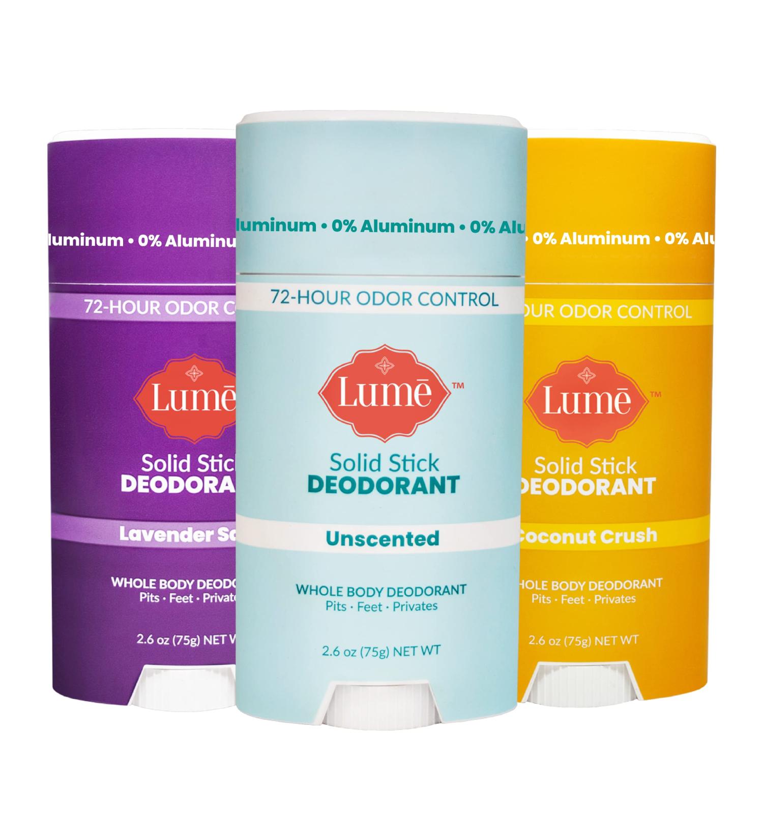 Lume Natural Solid Deodorant Stick - Aluminum-Free & Baking Soda-Free - Hypoallergenic Whole Body Deodorant for Sensitive Skin - 3 Pack (Coconut Crush, Lavender Sage, Unscented) - Buy Online on GoSupps.com