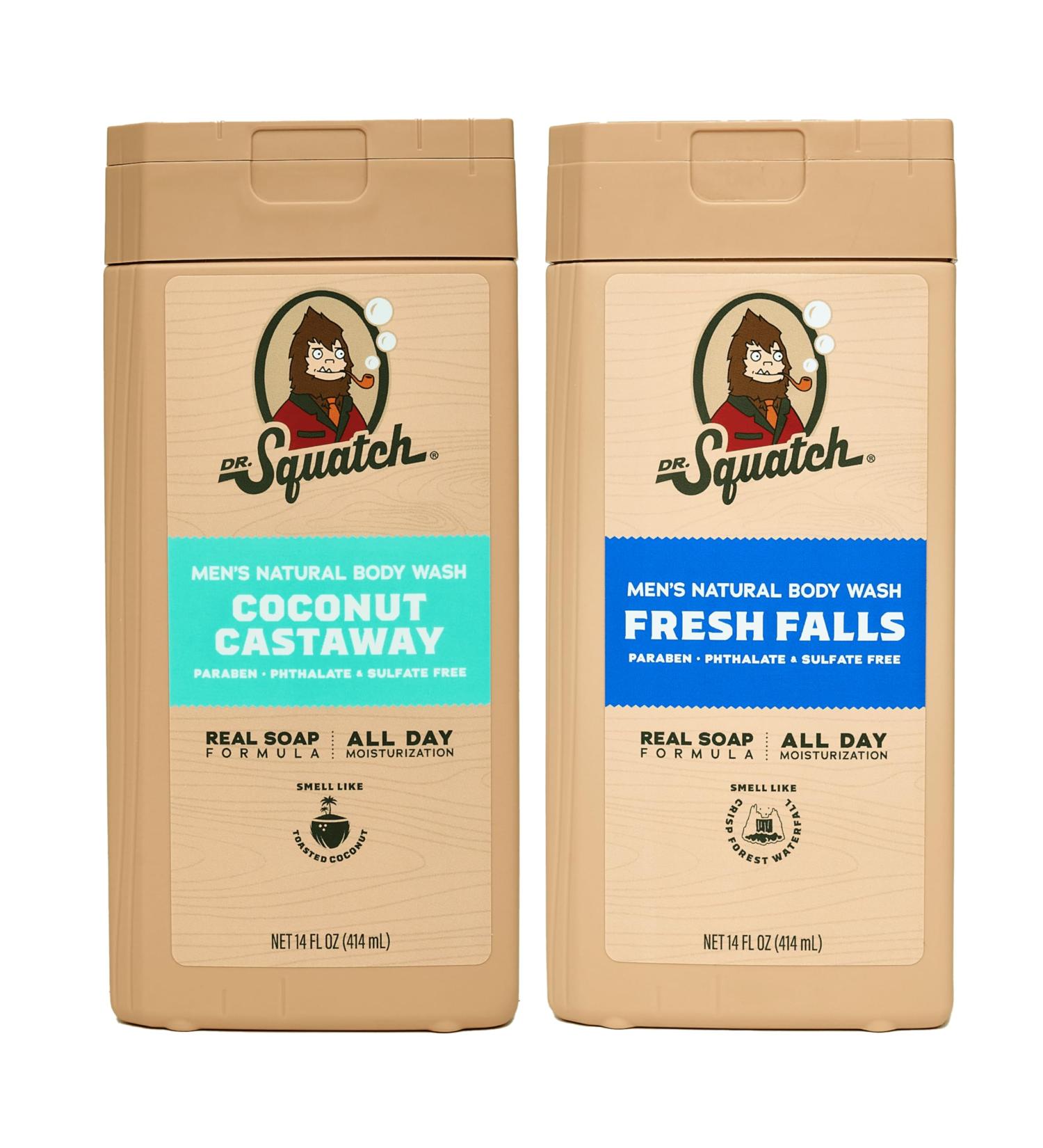 Dr. Squatch Natural Men's Body Wash Shower Gel - Cleansing Nourishing Long Lasting Scent Moisturizing Body Wash for Men - Fresh Falls + Coconut Castaway (14 oz 2-Pack) Fresh Coast - Buy Online on GoSupps.com