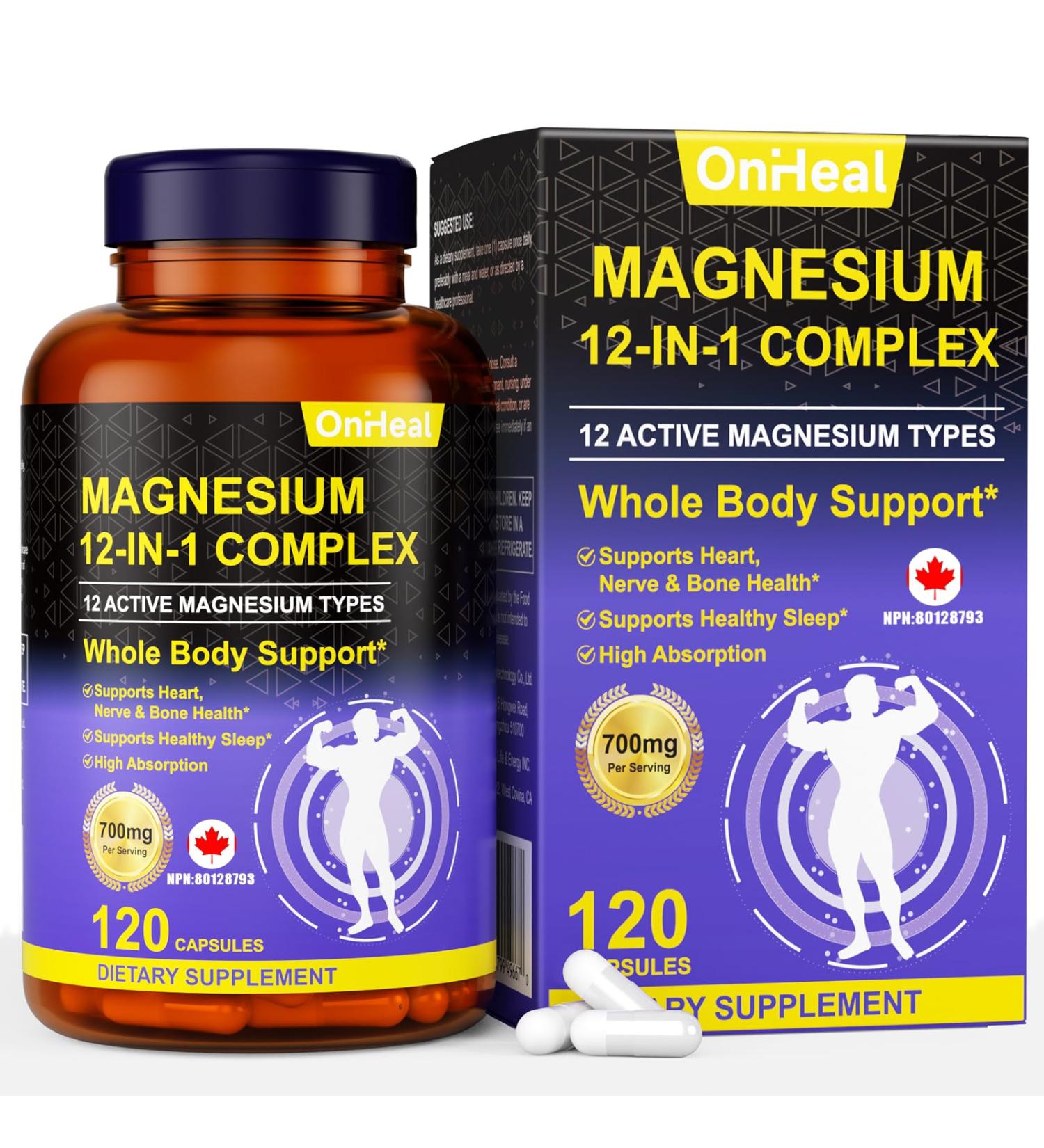 Magnesium Supplement 700mg - 12-in-1 Complex | Glycinate | Citrate | Malate | Taurate | Oxide Magnesium and More - Relieves Muscle and Heart Stress Supports Bone Health 120 Capsules - Buy Online on GoSupps.com