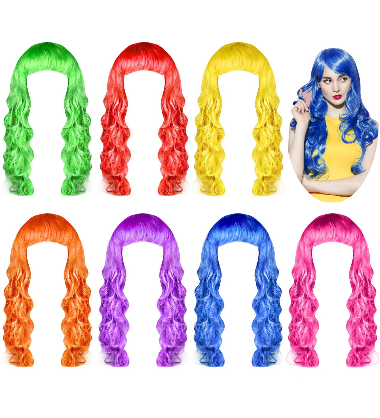 KUUQA 7 Pieces Colorful Long Curly Wigs - Vibrant Wavy Hair for Women's Cosplay Costume and Party Decor - Buy Online on GoSupps.com