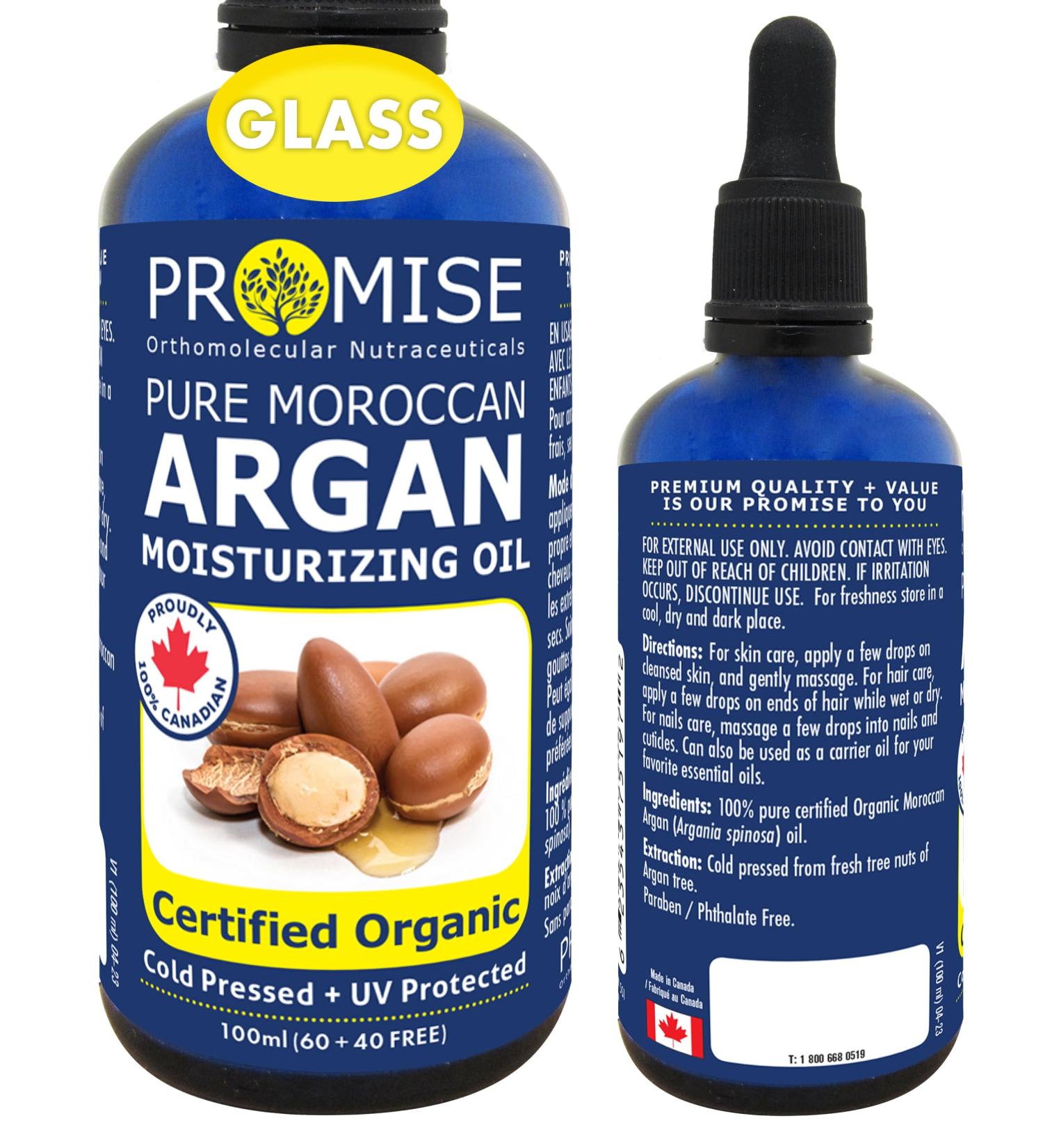100ml PURE MOROCCAN ARGAN Oil Certified Organic Cold Pressed + UV Protected For Hair Skin and Nails Made in Canada(100ml) 100 ml (Pack of 1) - Buy Online on GoSupps.com