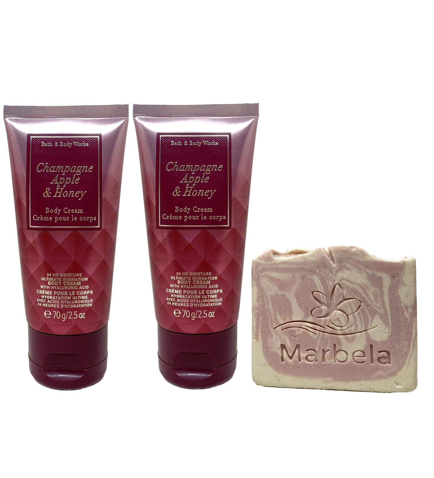 Bath & Body Works Champagne Apple & Honey - Body Cream Travel Size 2 Pack with a Himalayan Salts Springs Sample Soap.