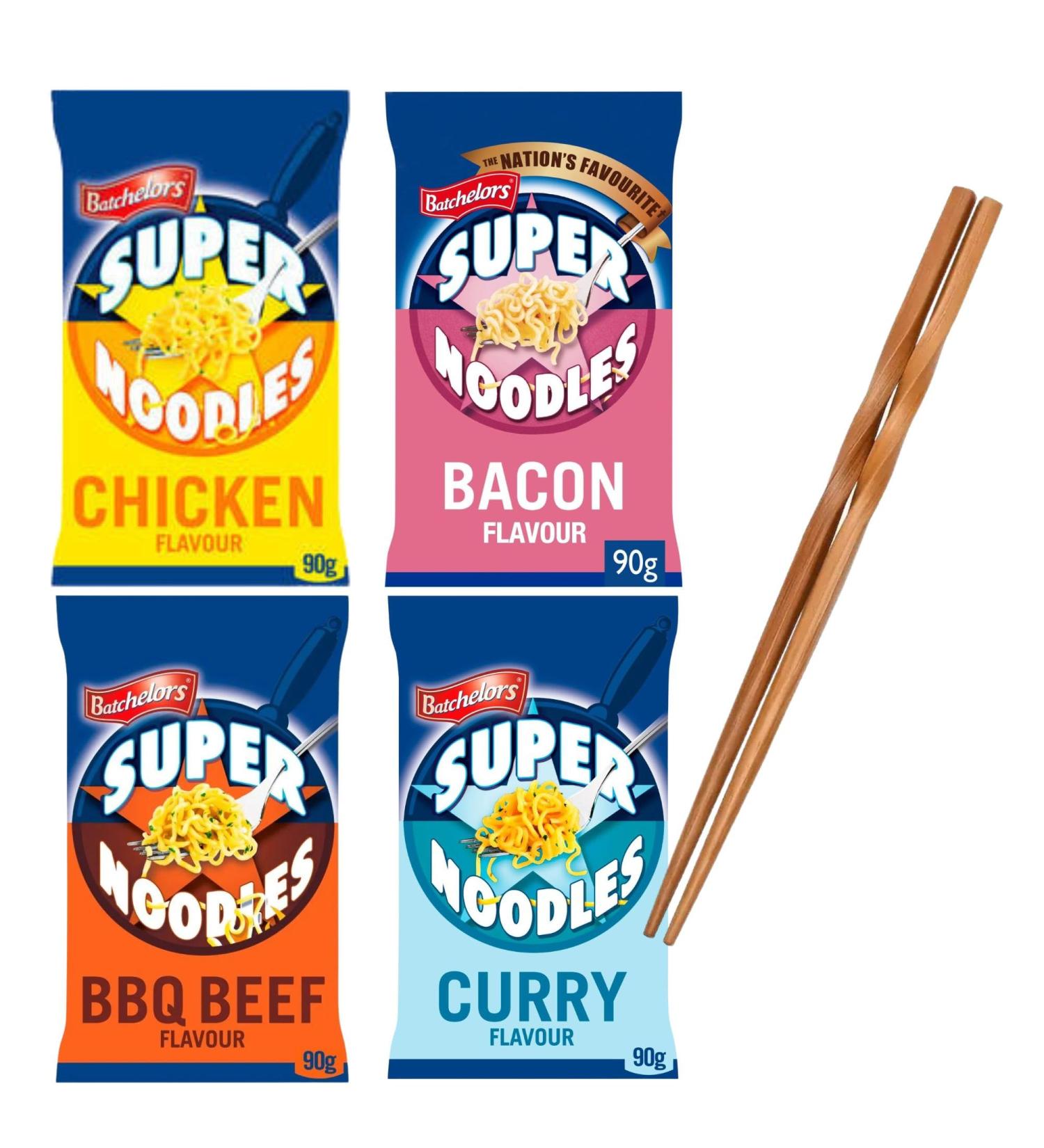 Bachelors Super Noodles Instant Snack Variety Pack: Bacon Chicken BBQ Beef and Curry Flavour 90g Each bundled with Reusable Bamboo Chopsticks - Buy Online on GoSupps.com