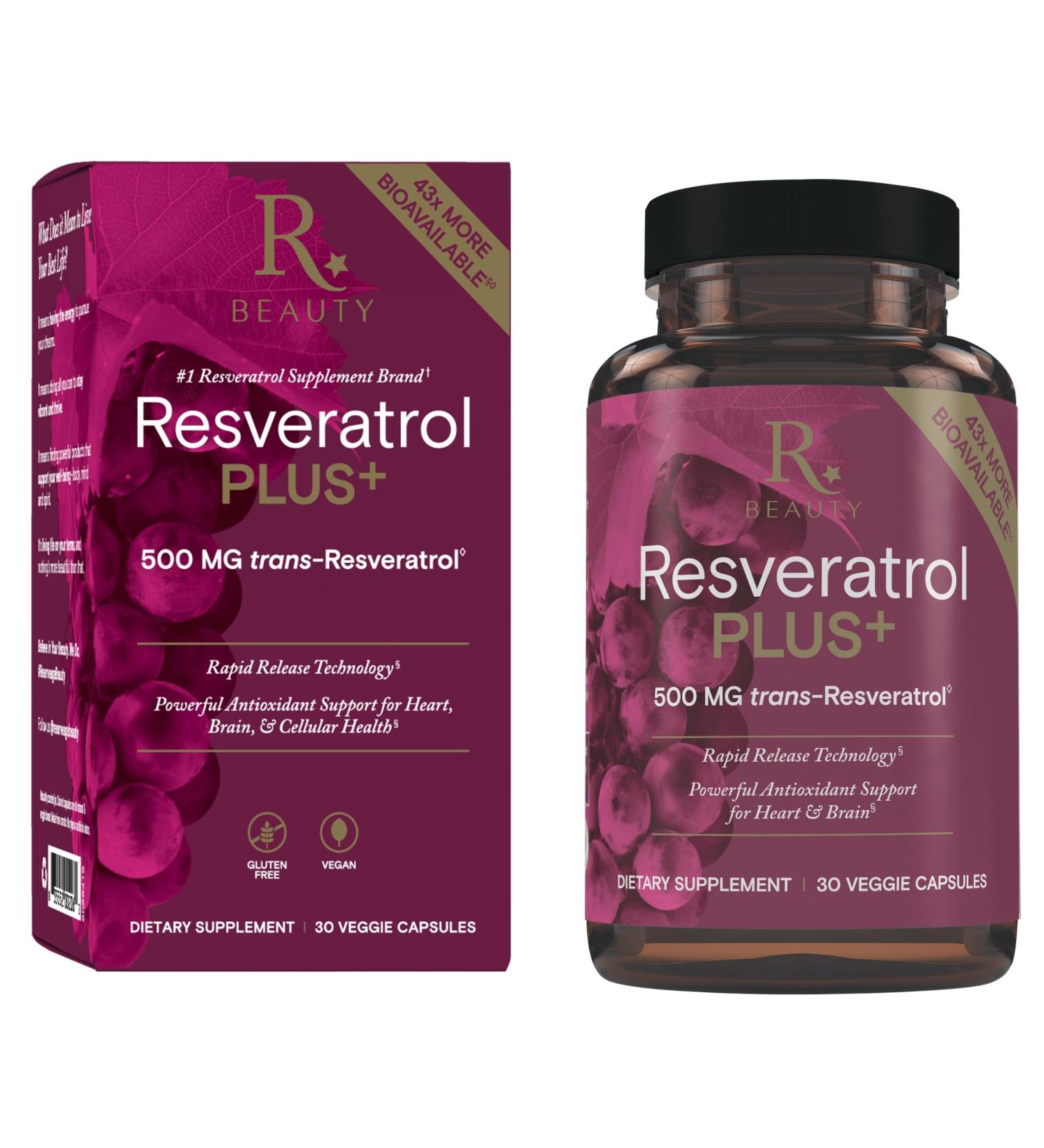 Reserveage Beauty Resveratrol Plus+ 500 mg - Rapid-Release Resveratrol Capsules with Quercetin for Immune System, Brain Health & Cellular Health - Gluten-Free & Vegan - 30 Veggie Capsules - Buy Online on GoSupps.com
