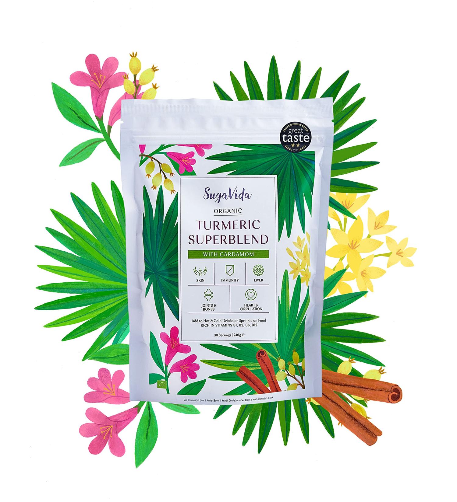 SugaVida Organic Turmeric Superblend with Cardamom - 240g | Triple-Strength Curcumin | Golden Milk & Turmeric Latte | Great Taste Award Winner - Buy Online on GoSupps.com