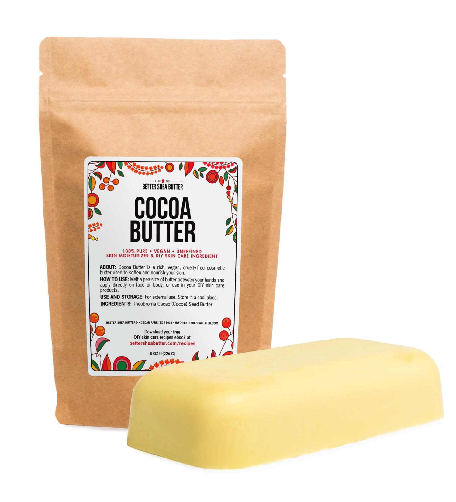 Raw Cocoa Butter 8 oz Block by Better Shea Butter | 100% Pure & Food Grade | Use for Lip Balm, Stretch Marks, Scars, Whipped Body Lotion | Skin & Hair Moisturizer - Buy Online on GoSupps.com