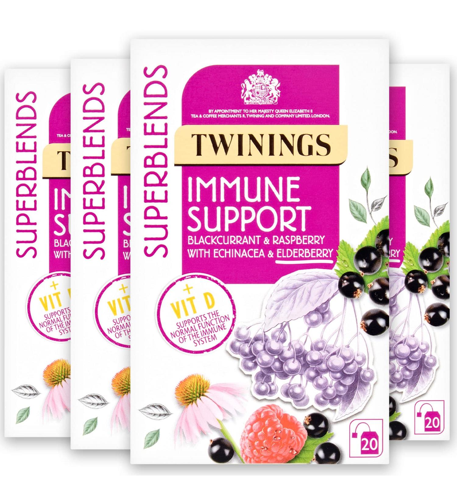 Twinings Superblends Immune Support Tea - Blackcurrant Raspberry & Elderberry Herbal Tea Infusion - 80 Biodegradable Tea Bags with Echinacea Root & Vitamin D - Buy Online on GoSupps.com