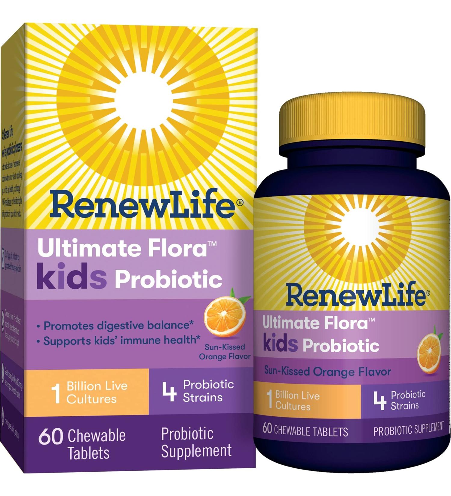 Renew Life Ultimate Flora Kids Probiotic - 1 Billion CFU, Sun-Kissed Orange Flavor, 60 Chewables - Buy Online on GoSupps.com