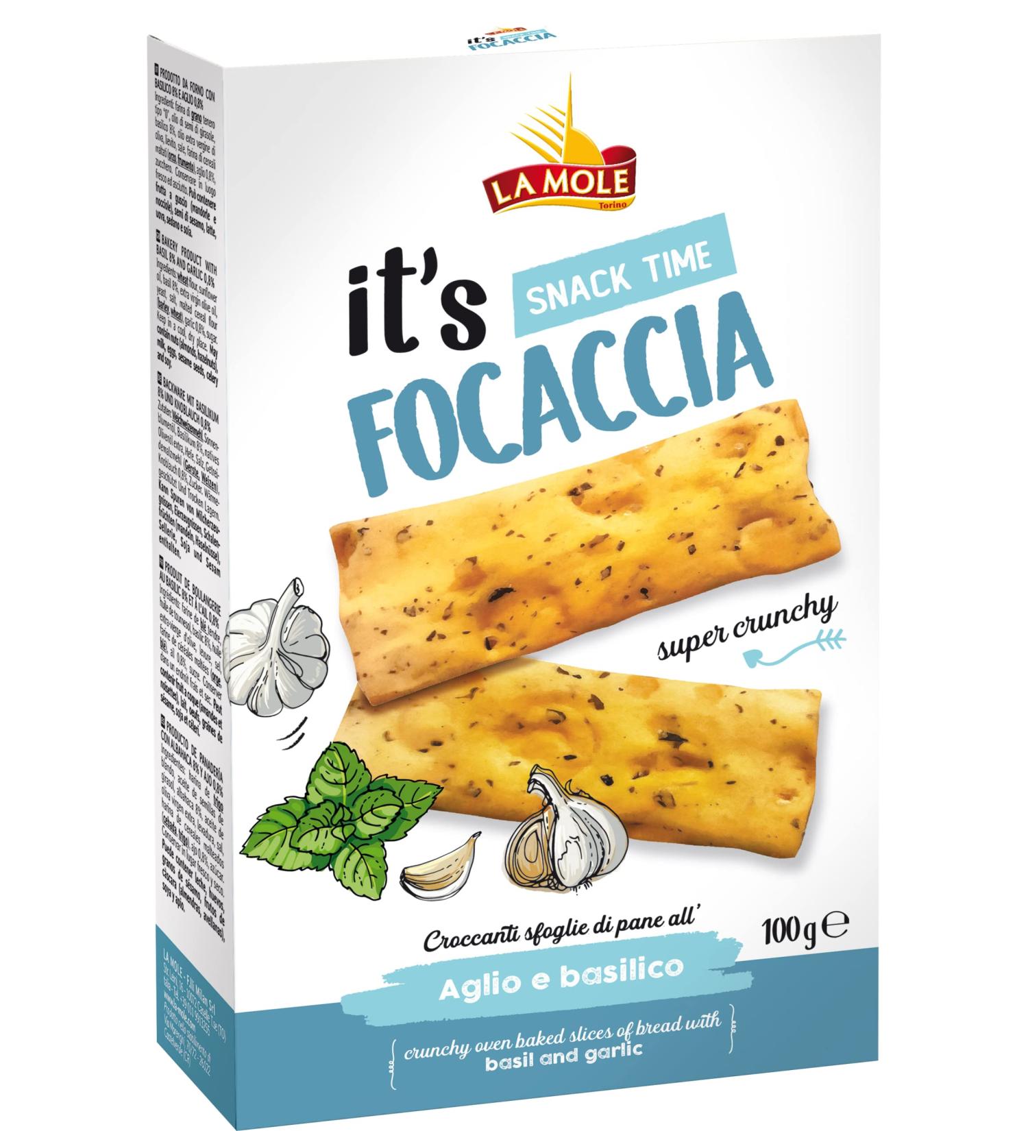 La Mole Garlic and Basil Focaccia Oven Baked Bread Slices Best Served with Meats Soft Cheeses & Olives or Partnered with Dips and Soups 100g Bag Garlic & Basil