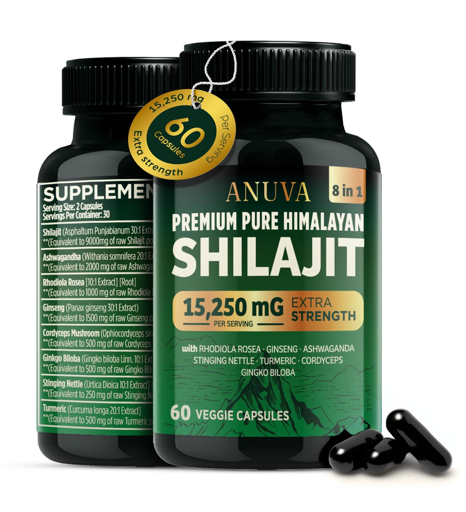 Anuva Pure Shilajit Ultra Himalayan Shilajit Capsules 15 250mg Organic Ashwagandha Ginseng Cordyceps 60 Vegetarian Capsules for Men & Women - Buy Online on GoSupps.com