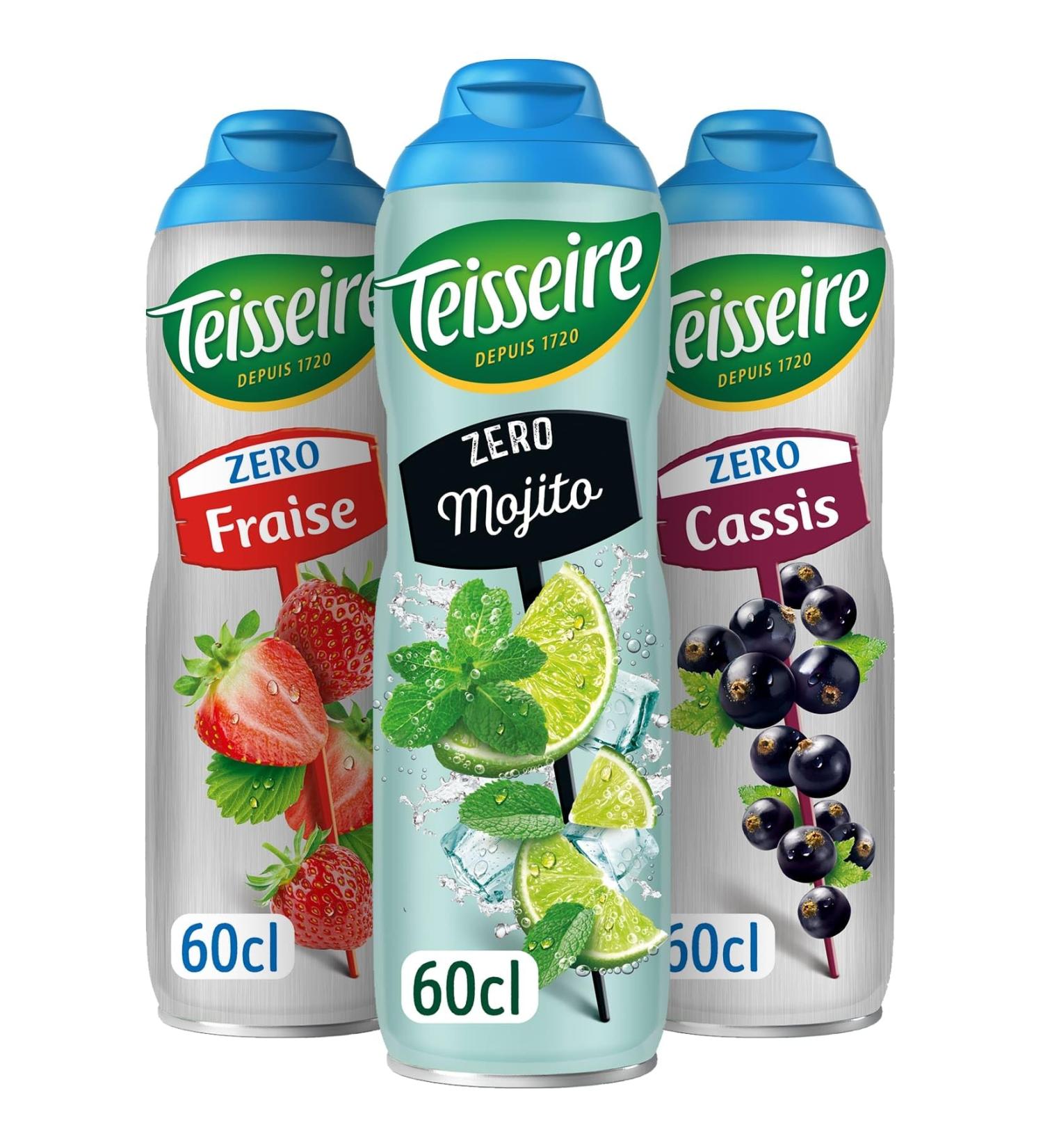 Set of 3 Teisseire Zero Sugar Syrups (Mojito Strawberry Blackcurrant) for Refreshing Drinks Cocktails Recyclable Bottle 3 x 60 cl - Buy Online on GoSupps.com