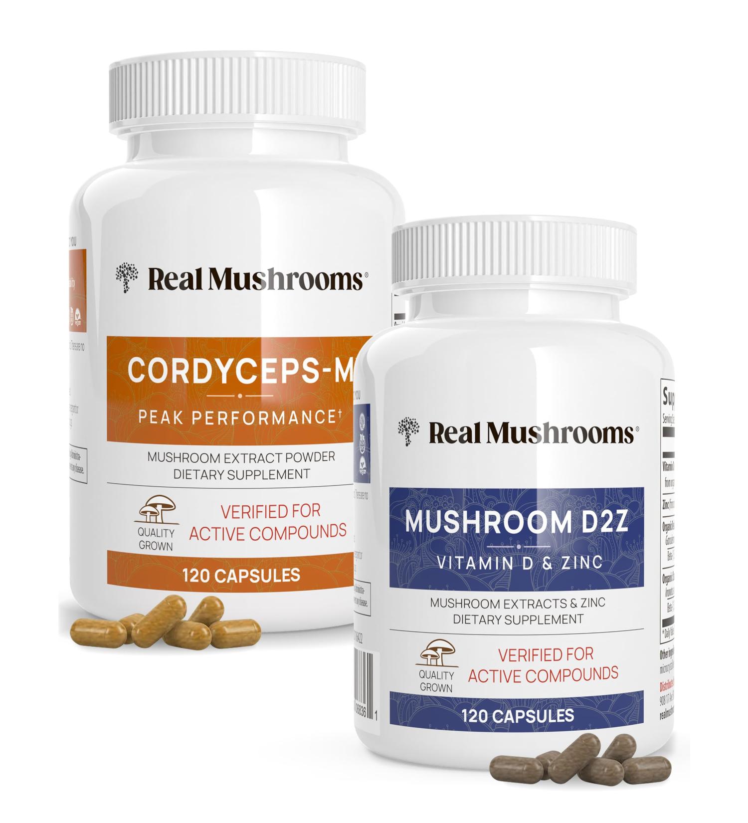 Real Mushrooms Vitamin D2 Zinc Chaga Reishi (120ct) and Cordyceps-M (120ct) Bundle - Natural Immune Support Energy and Vitality - Vegan Gluten Free Non-GMO Organic Mushroom Extracts - Buy Online on GoSupps.com