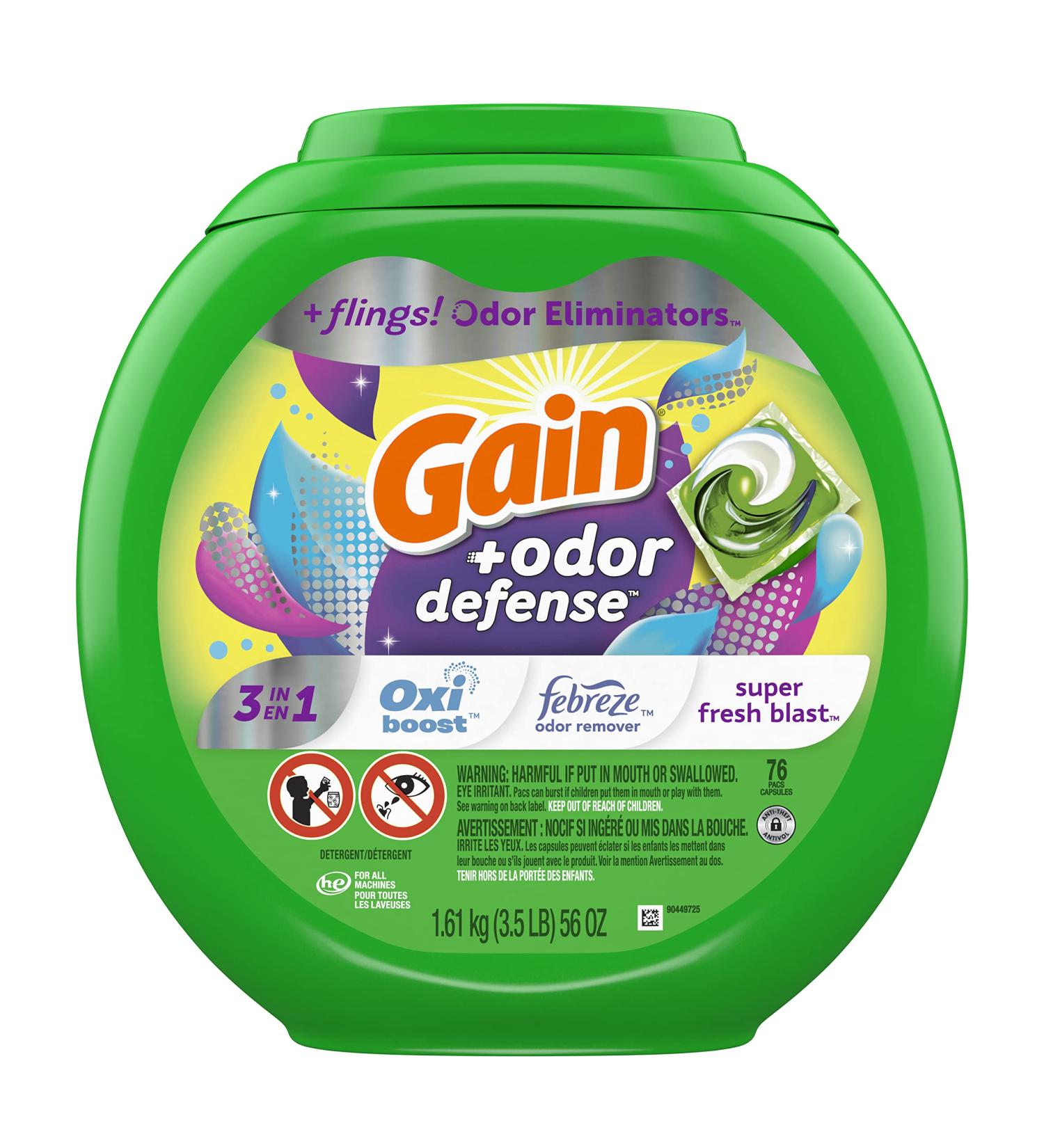 Gain Flings! Super Fresh Blast Laundry Detergent Pacs 76 Ct - HE Compatible 3in1 with Odor Defense, Febreze, and Oxi - Super Fresh Blast Scent - Buy Online on GoSupps.com