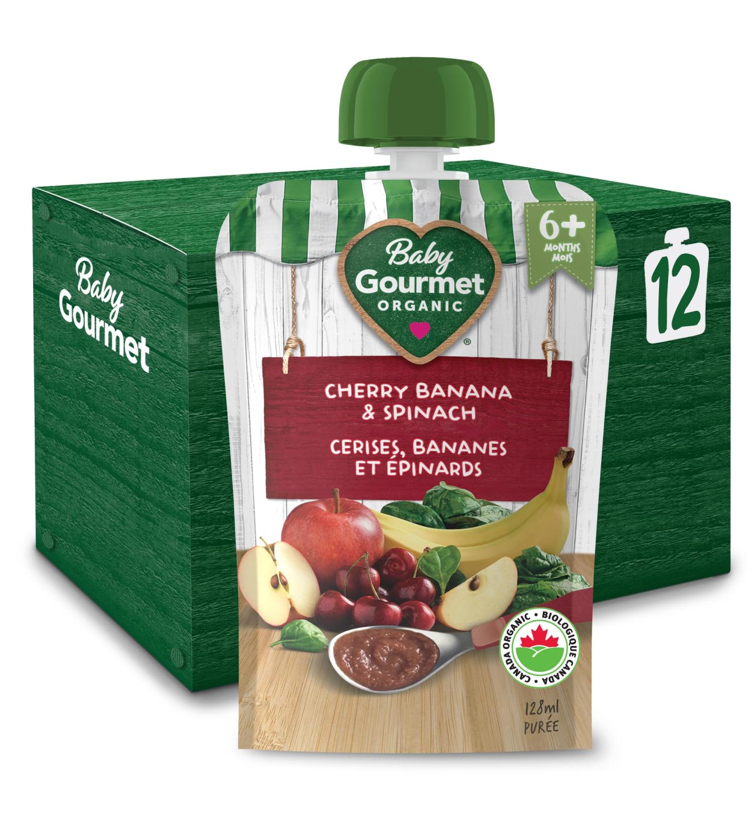 Baby Gourmet Organic Puree Baby Food Pouches - Cherry Banana & Spinach - No Added Sugar Or Salt Non GMO No Fillers Gluten Free Kosher (128ml) 12 Pack - Buy Online on GoSupps.com