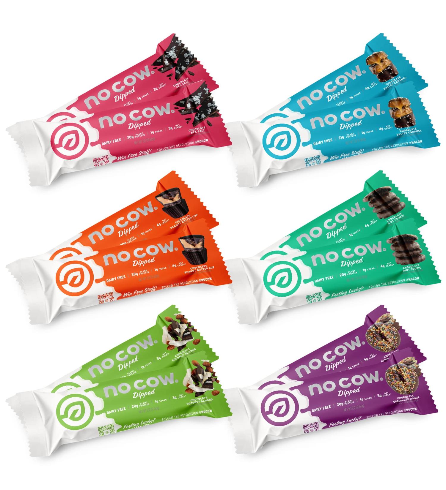 No Cow Dipped High Protein Bars Sampler Pack - 21g Plant Based Vegan Protein, Keto Friendly, Low Sugar, Low Carb, Low Calorie, Gluten Free, Dairy Free, Non GMO, Kosher - 12 Pack - Buy Online on GoSupps.com