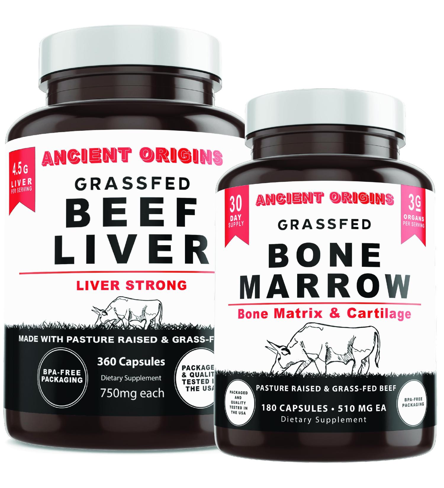 Ancient Origins Grass Fed Beef Liver 360 Capsules 750 mg Each and Bone Marrow 180 Capsules 510 mg Each - Buy Online on GoSupps.com