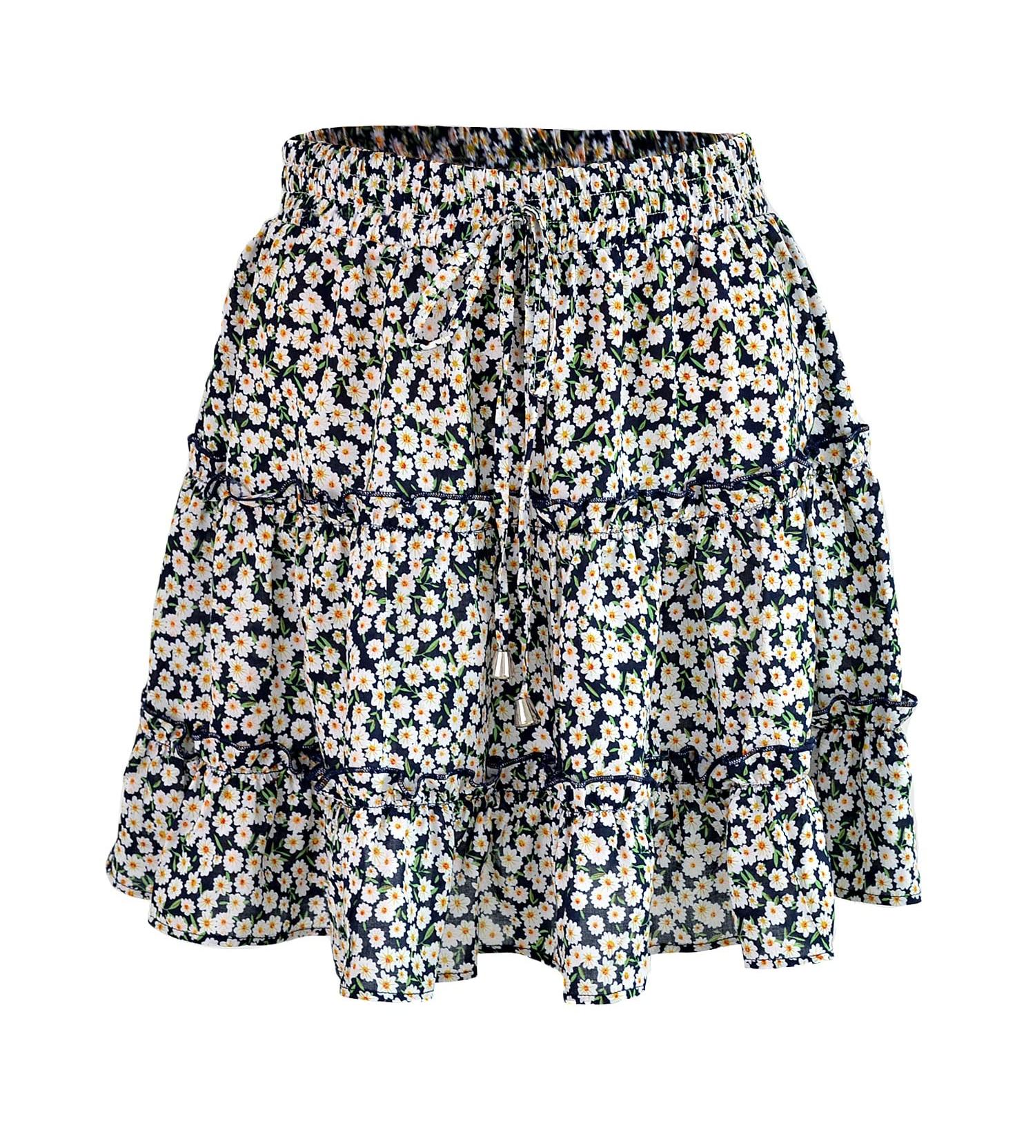 LAEMILIA Women's Floral Print Flared Mini Skater Skirt - Elastic Waist, Pleated Design - XXL Navy Blue - Buy Online on GoSupps.com