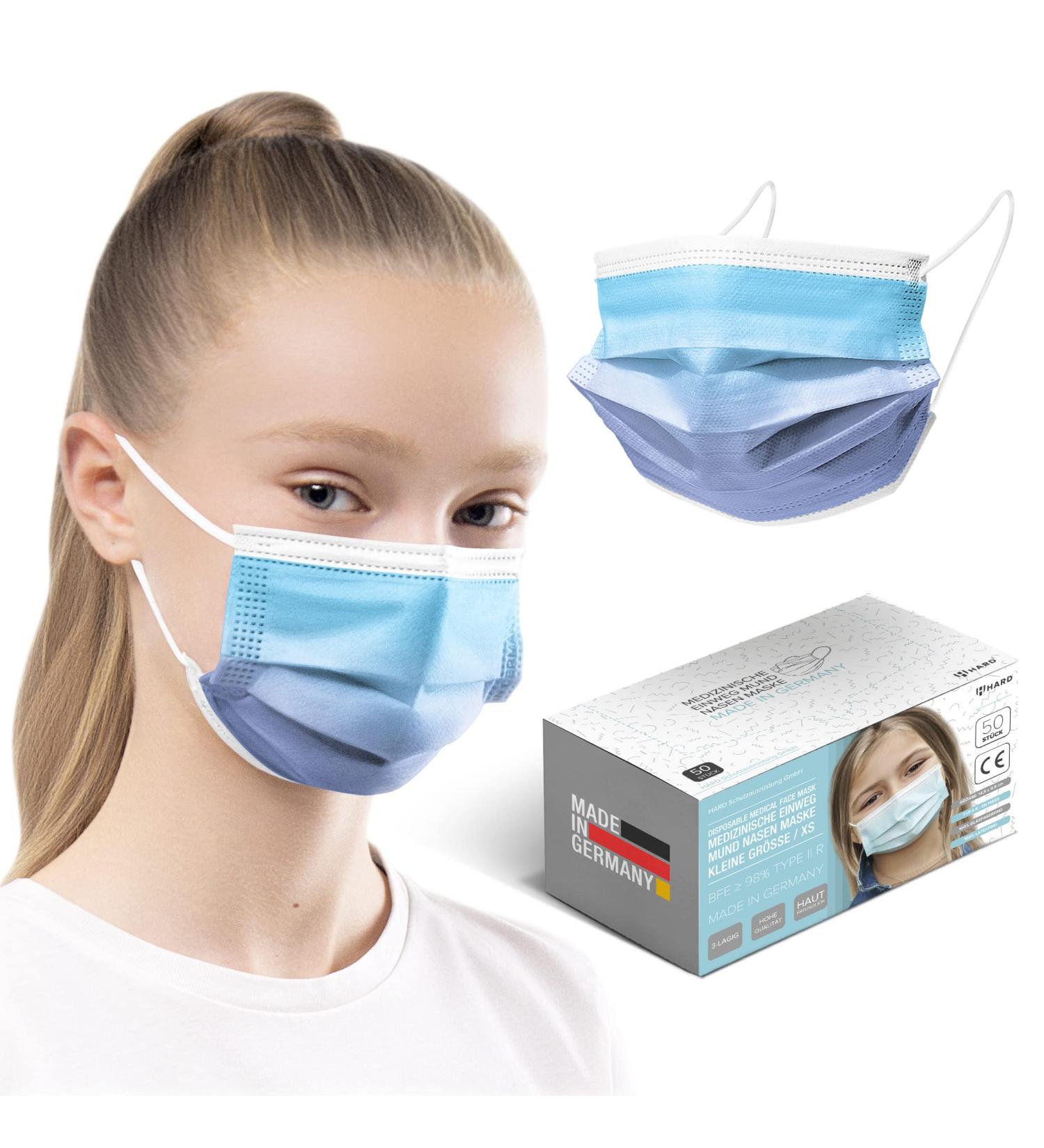 50pc Small Disposable Face Masks Made in Germany - CE Certified, Type IIR - Breathable Triple Layer Filtration - Rainbow Turquoise - Buy Online on GoSupps.com