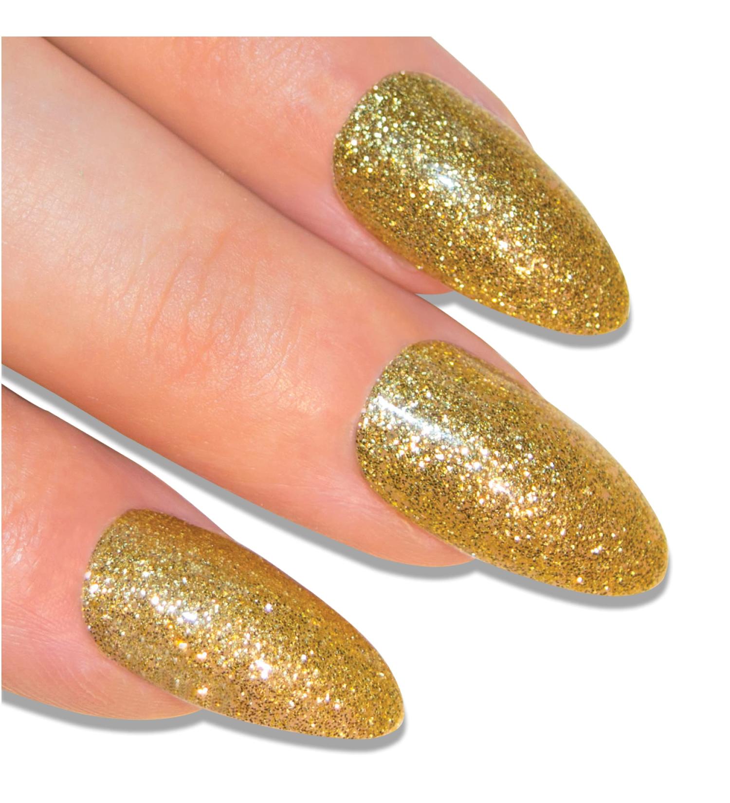 Shop Bling Art Gold Gel False Nails - Stiletto Almond 24 Long Artificial Nails with Glue for Perfect Manicure - Buy Online on GoSupps.com