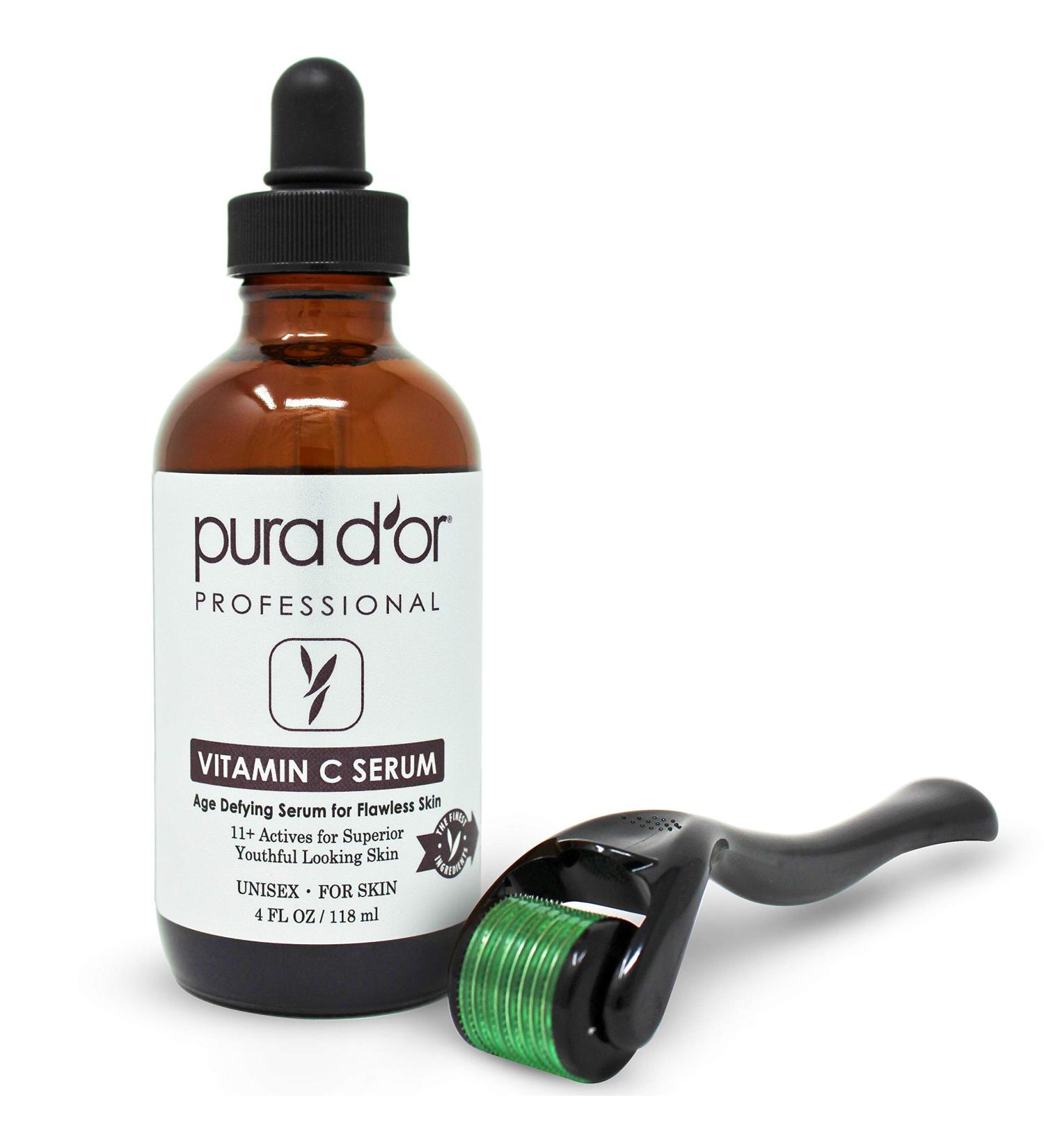 PURA D'OR 25% Vitamin C Serum (4oz) Set with Hyaluronic Acid, Retinol & Derma Roller - Skin Care Kit for Dark Spots, Acne, Wrinkles - Men & Women - Buy Online on GoSupps.com