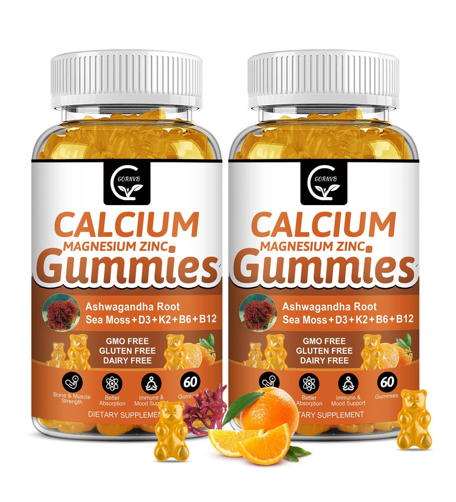 1200mg Calcium Gummies with Vitamin D3,K2,B12 & B6 - Plant Complex Calcium Magnesium Supplement with Glycinate,Potassium,Sea Moss,Ashwagandha Root for Bone & Teeth Strength, Muscle & Immune-2 Pack 60 Count (Pack of 2) - Buy Online on GoSupps.com