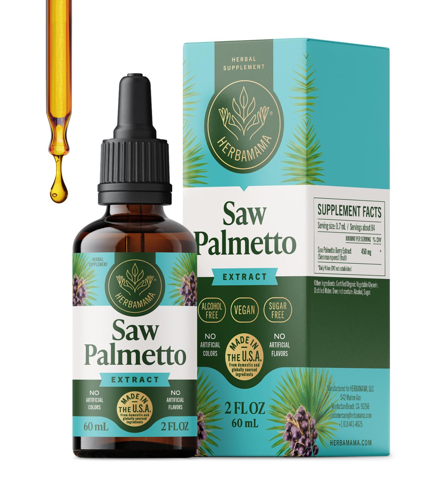 HERBAMAMA Saw Palmetto Tincture - Vegan Men's Urinary Tract Support with Saw Palmetto Extract Drops - Non-GMO, Alcohol & Sugar-Free Serenoa Repens Berries Supplement, 84-Day Supply 2 Fl Oz (Pack of 1) - Buy Online on GoSupps.com
