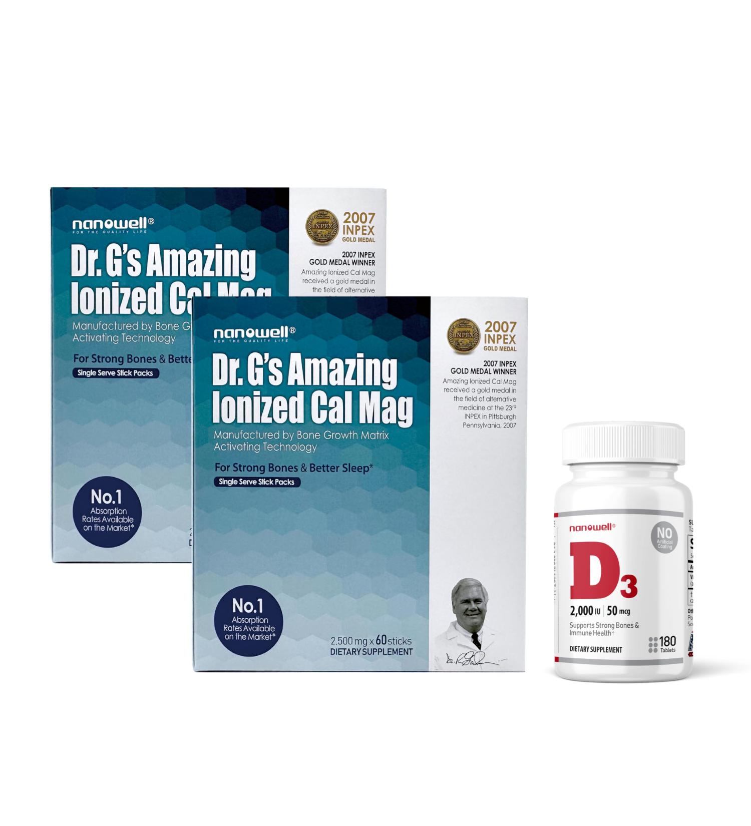 Dr. G's Amazing Ionized Cal Mag - Bone Health Calcium Magnesium Powder Supplement - 60 Sticks x 2 Packs + 1 Bottle of Vitamin D3 - Buy Online on GoSupps.com