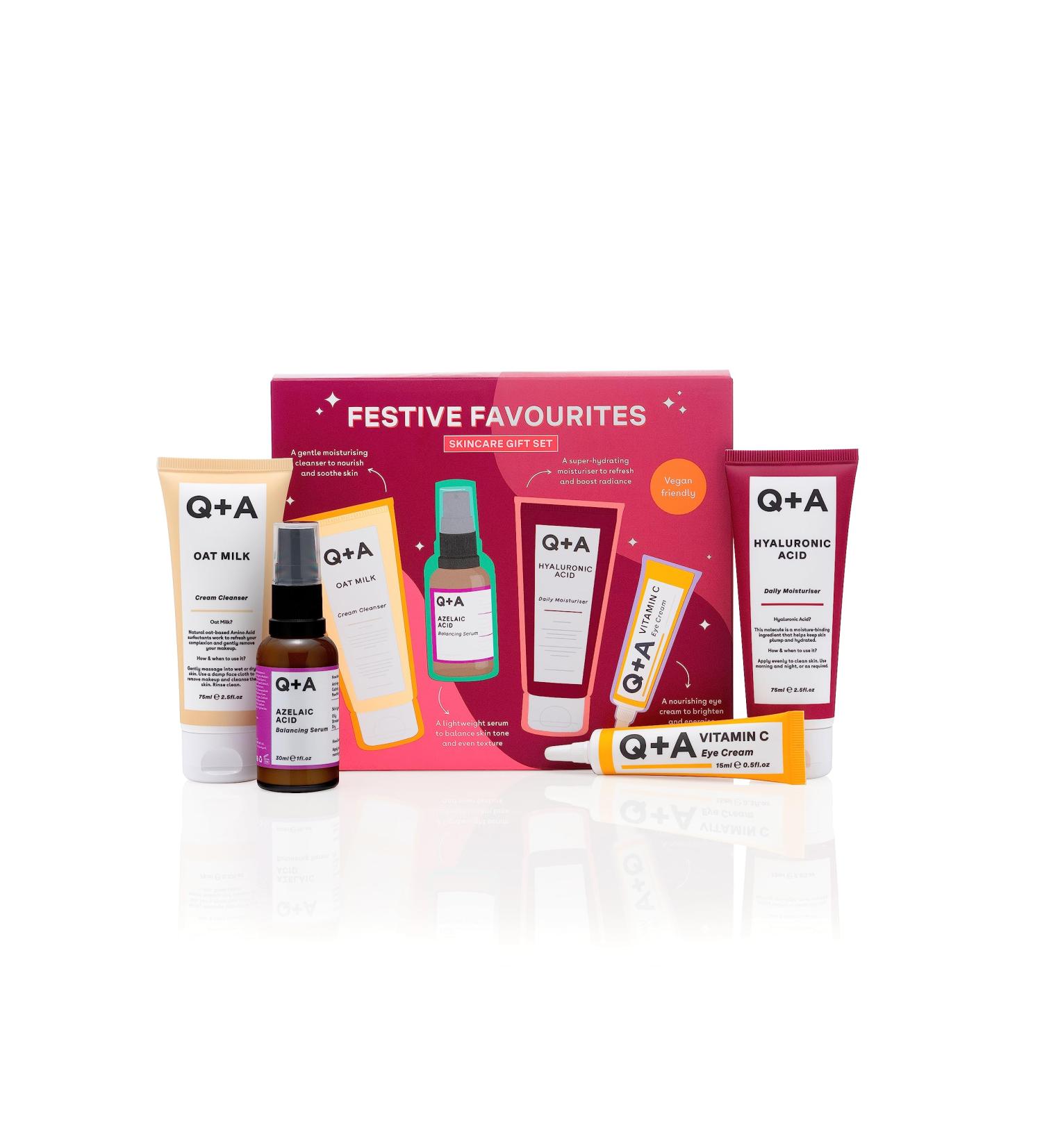 Q+A Festive Favourites Gift Set | Hyaluronic Acid Moisturiser Oat Milk Cream Cleanser Azelaic Acid Serum & Caffeine Eye Serum - Perfect Gift for Skincare Lovers - Buy Online on GoSupps.com