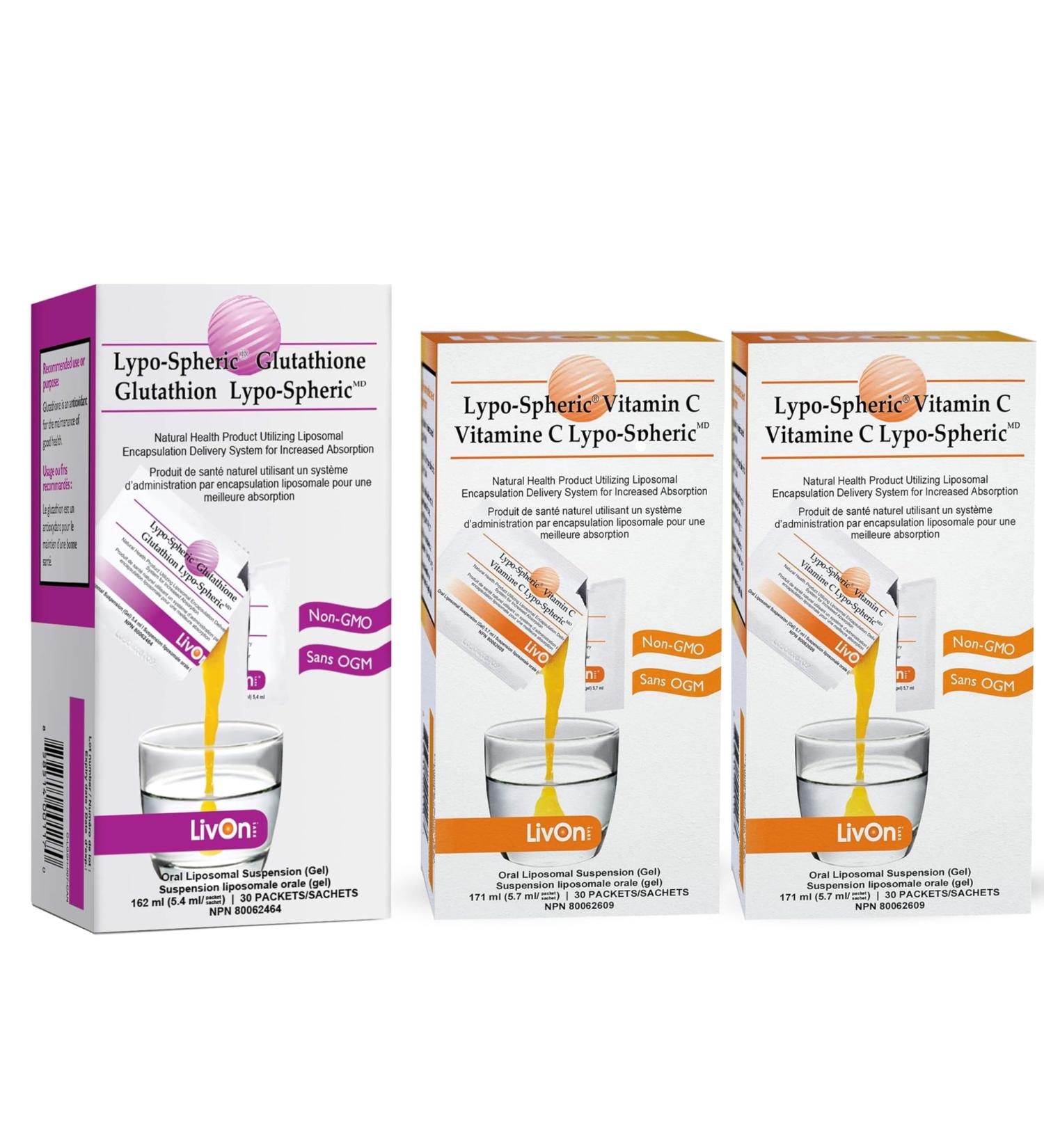 Combo Pack of 3 - Single Pack (Lypo-Spheric Glutathione - 30 Packets) & 2 Packs (Lypo Spheric Vitamin C 1-60 Packets) - Buy Online on GoSupps.com