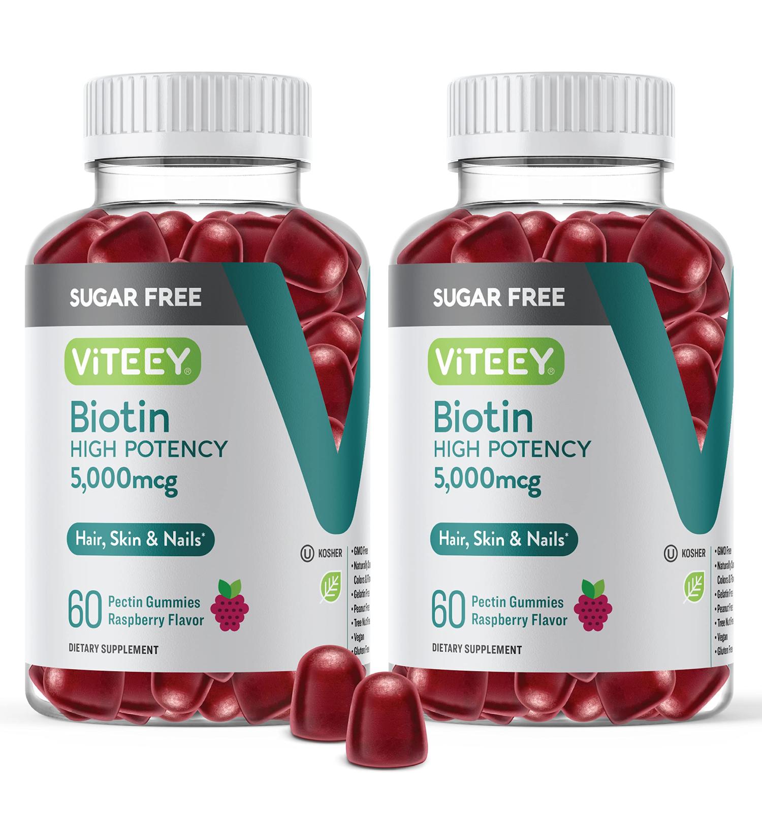 Vegan Sugar Free Biotin Gummies 5,000mcg for Hair, Skin & Nail Health - 60 Count (Pack of 2) - Buy Online on GoSupps.com