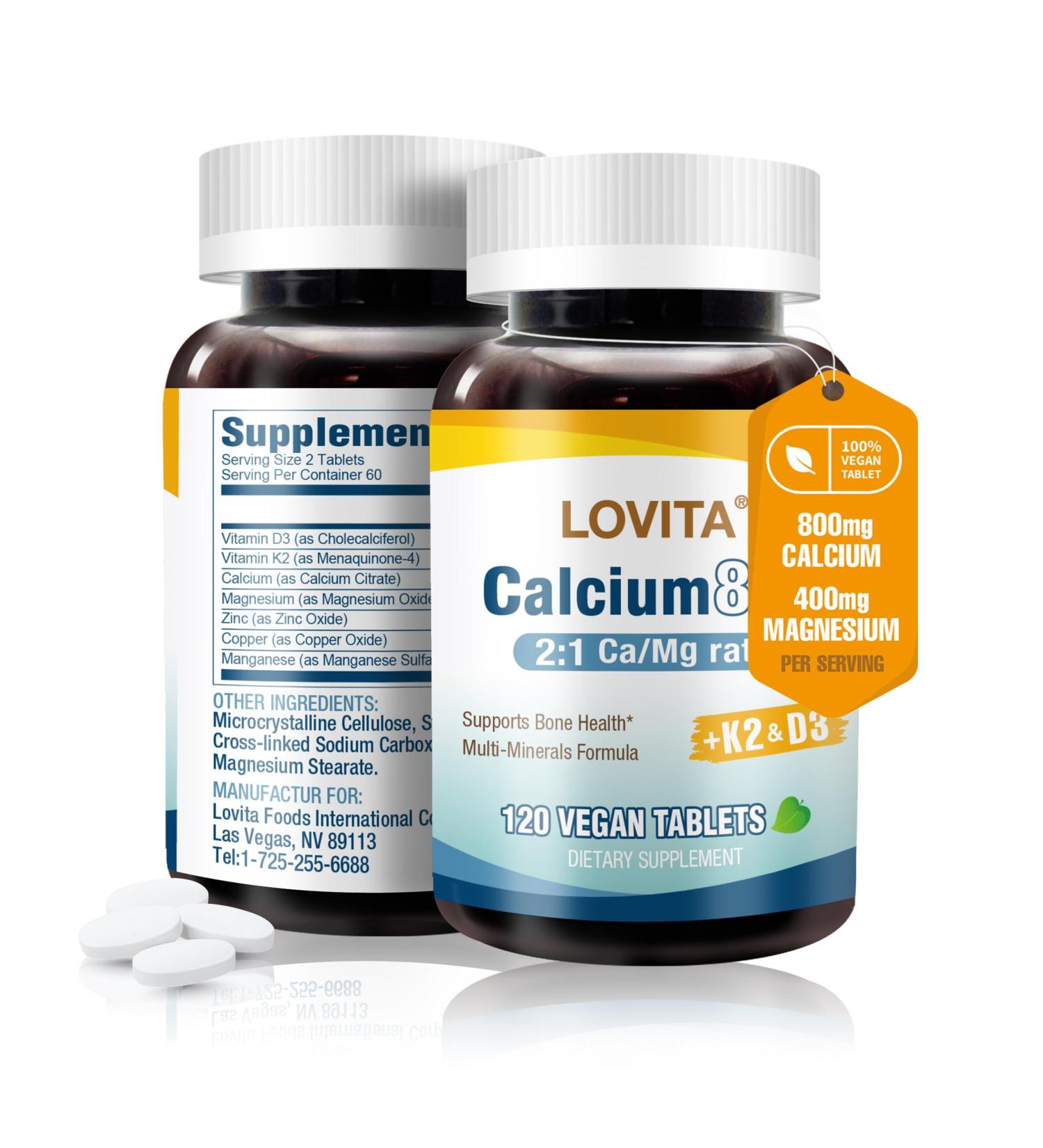 LOVITA Calcium Citrate 800 mg with Magnesium Vitamin D3 & K2 Bone Strength & Density Supplement for Women & Men Supports Teeth Immune Health Gluten Free Non-GMO 120 Vegan Tablets Standard Package 120 Count (Pack of 1) - Buy Online on GoSupps.com