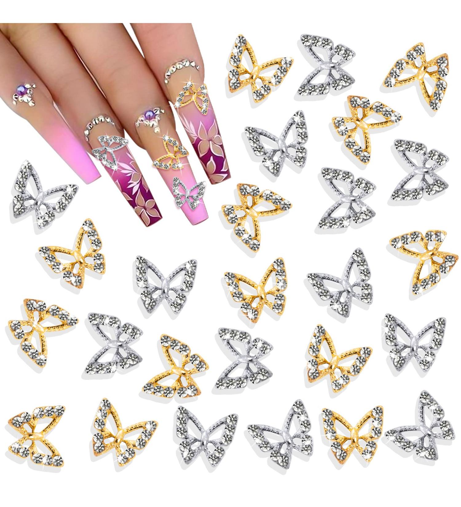 Noverlife 26PCS 3D Alloy Butterfly Nail Charms with Crystal Diamonds - Gold & Silver - Buy Online on GoSupps.com