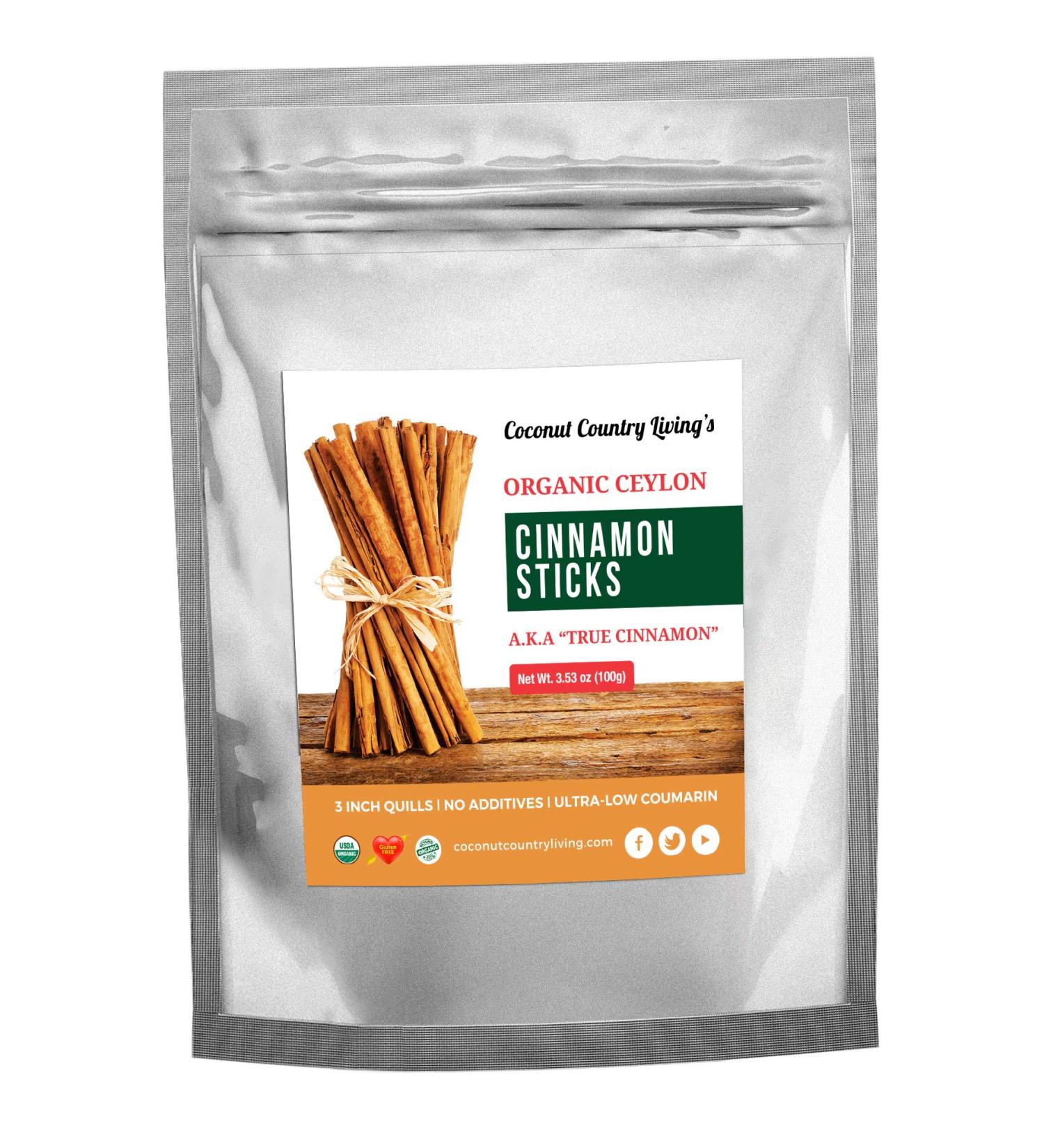 Organic Ceylon Cinnamon Sticks - Fair Trade Whole 3 Quills - Gluten, Soy, GMO Free - 3.5 oz - with Complementary eBook - Buy Online on GoSupps.com