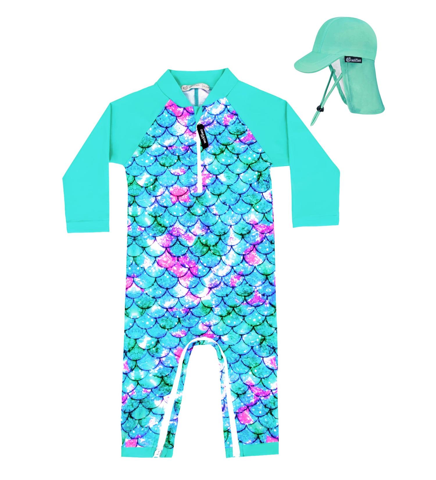 UV Protection Baby Girl Swimsuit with Sun Hat | Fish Scales Green | 0-3 Years - Buy Online on GoSupps.com